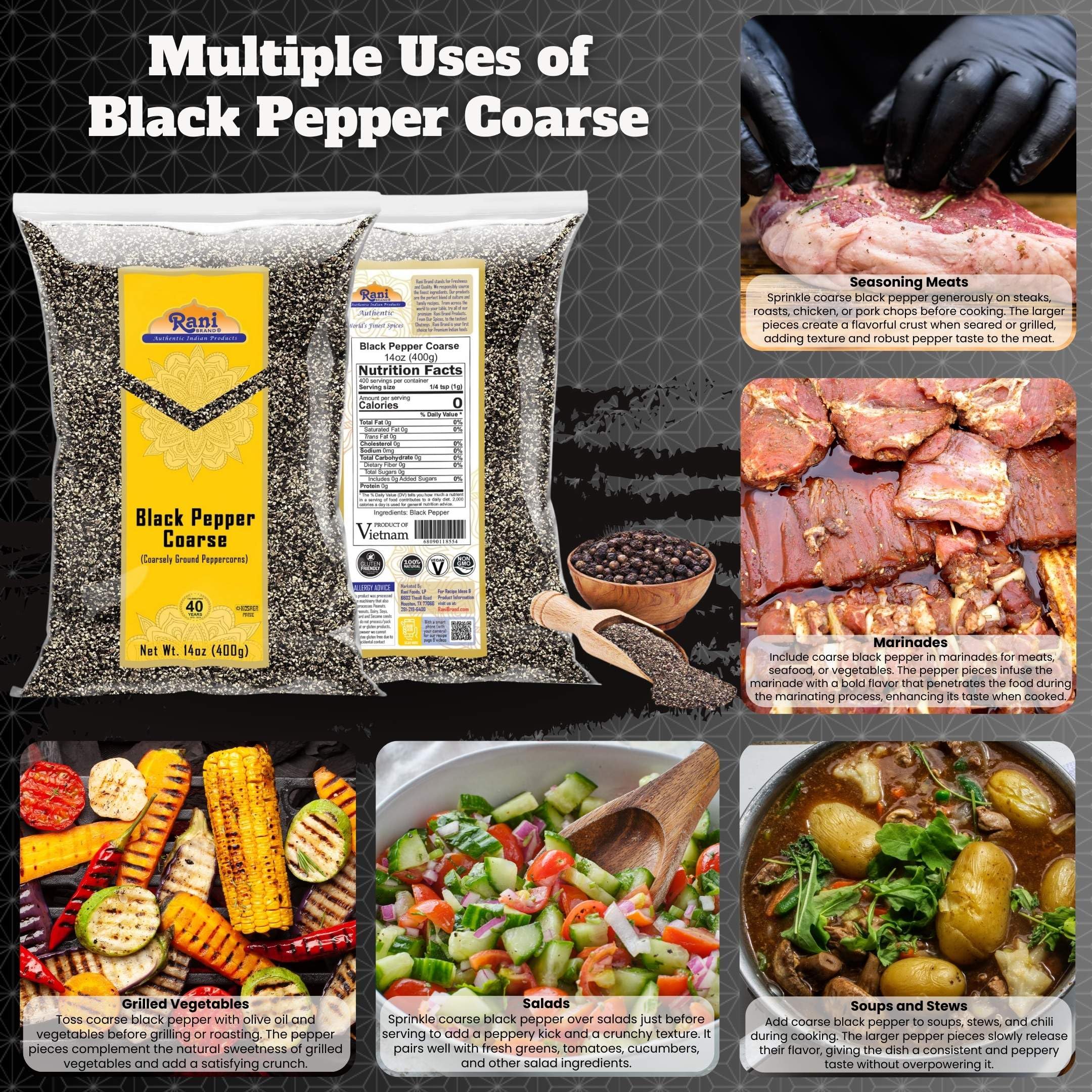 Rani Black Pepper Coarse Ground 28 Mesh (Table Grind), 14oz (400g) ~ All Natural | Vegan | Gluten Friendly | NON-GMO - Image 2
