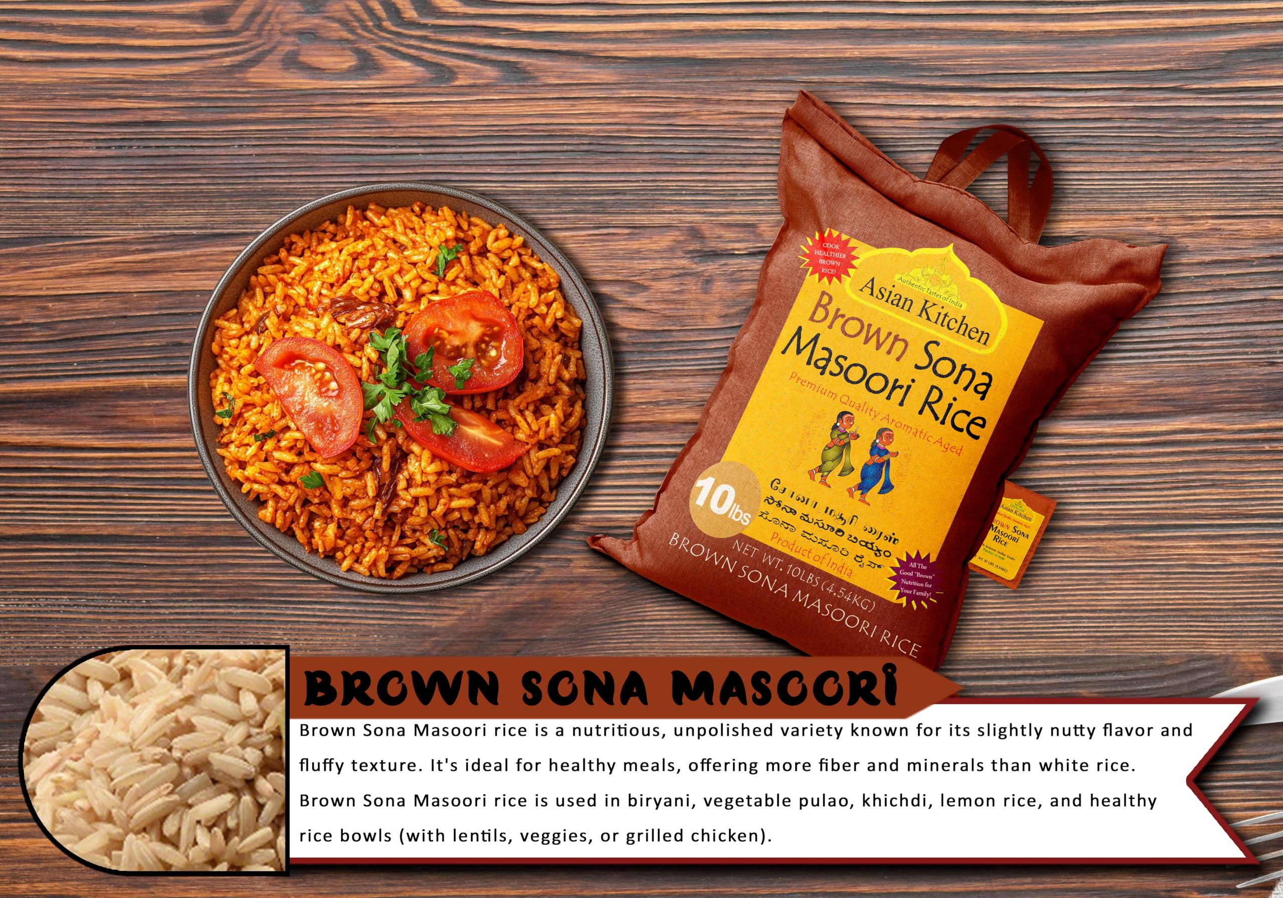 Asian Kitchen Brown Sona Masoori Aged Rice 10lbs (4.54kg) Short Grain Rice ~ All Natural | Gluten Friendly | Vegan | Kosher | Indian Origin | Export Quality - Image 6