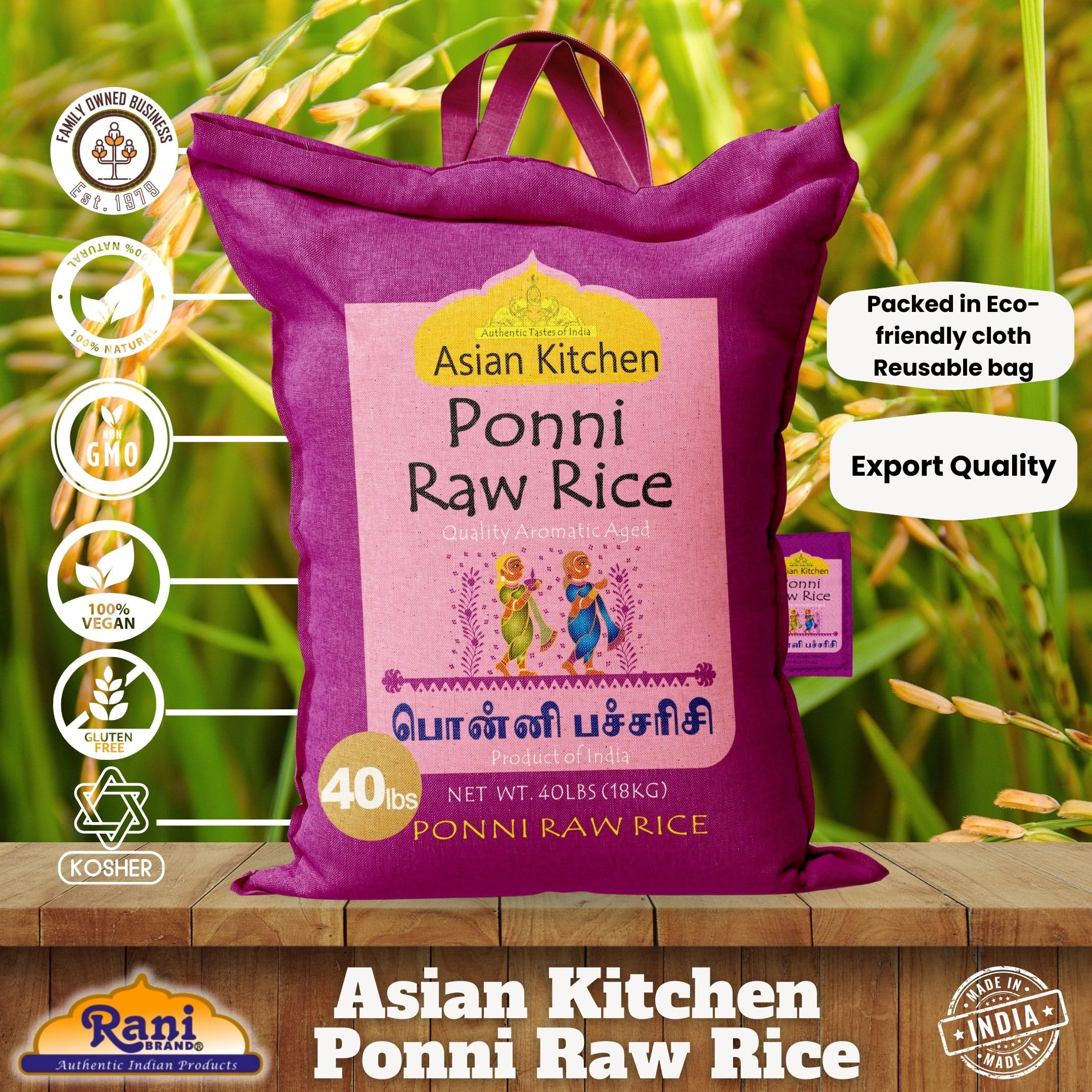 Asian Kitchen Ponni Raw Rice 40-Pound Bag, 40lbs (18.14kg) Short Grain Rice ~ All Natural | Gluten Friendly | Vegan | Indian Origin | Export Quality - Image 4