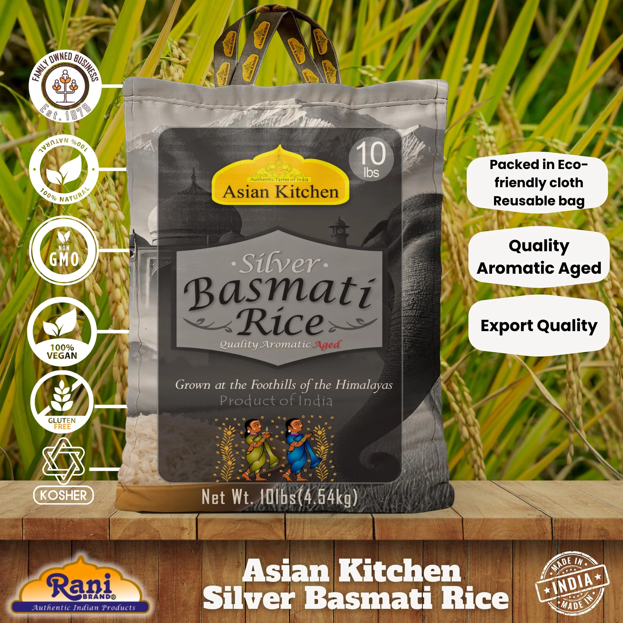 Asian Kitchen Silver White Basmati Rice Aged, 10 Pound (10lbs, 4.54kg) ~ All Natural | Gluten Friendly | Vegan | Indian Origin | Export Quality - Image 4