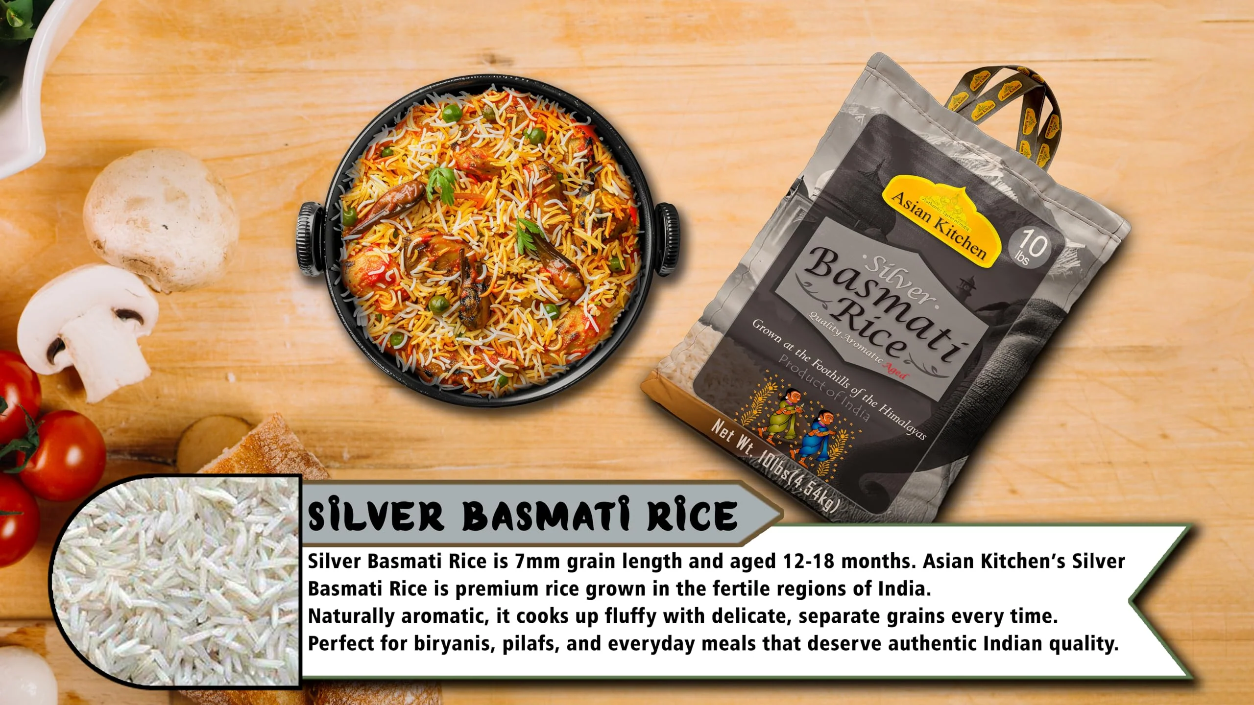 Asian Kitchen Silver White Basmati Rice Aged, 10 Pound (10lbs, 4.54kg) ~ All Natural | Gluten Friendly | Vegan | Indian Origin | Export Quality - Image 6
