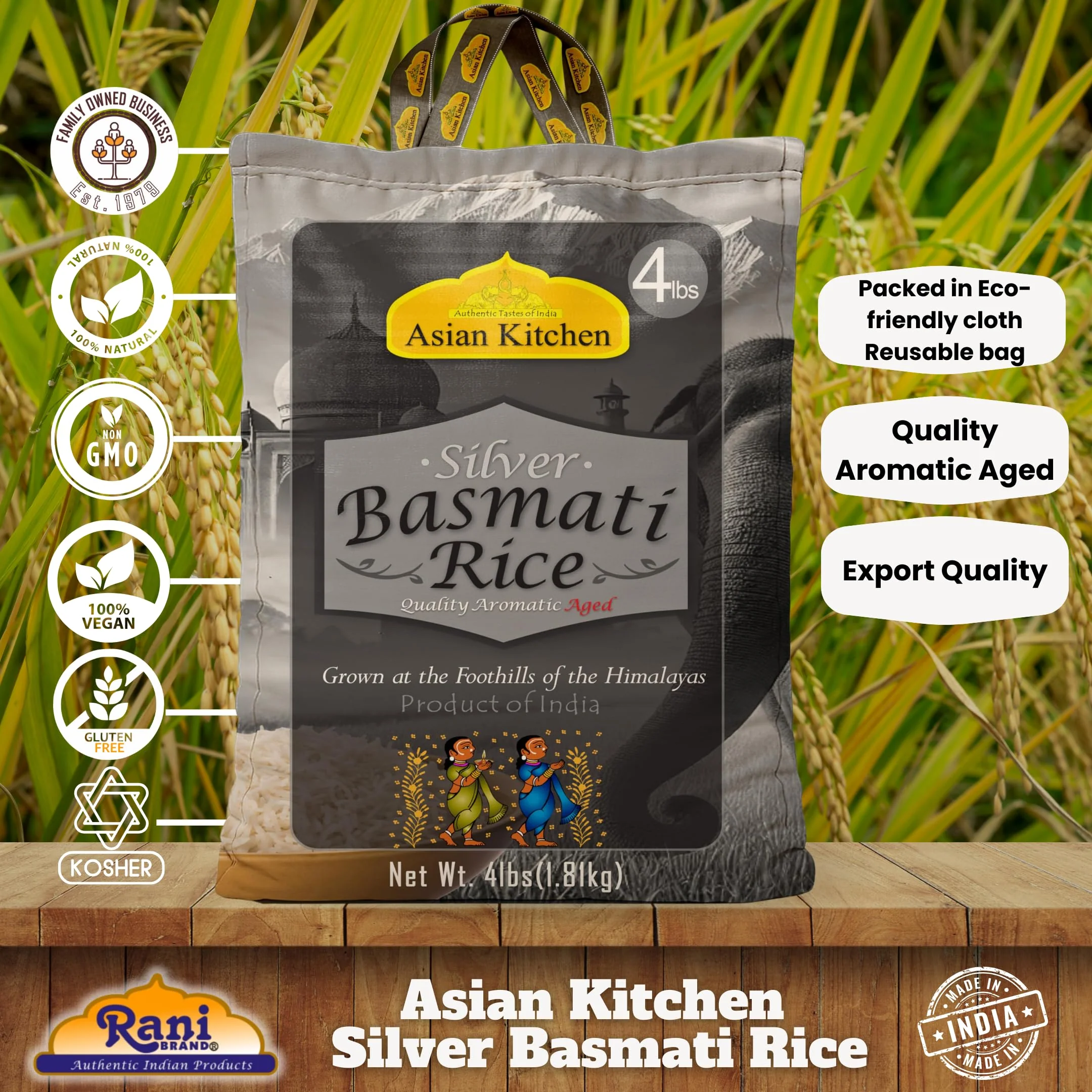 Asian Kitchen Silver White Basmati Rice Aged, 4 Pound (4lbs, 1.81kg) ~ All Natural | Gluten Friendly | Vegan | Indian Origin | Export Quality - Image 4