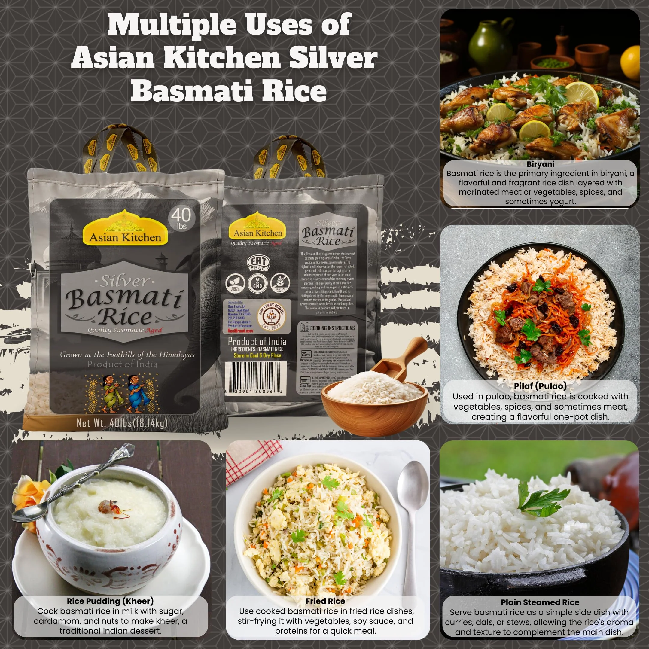 Asian Kitchen Silver White Basmati Rice Aged 40lbs (18.18kg) ~ All Natural | Gluten Friendly | Vegan | Indian Origin | Export Quality - Image 2