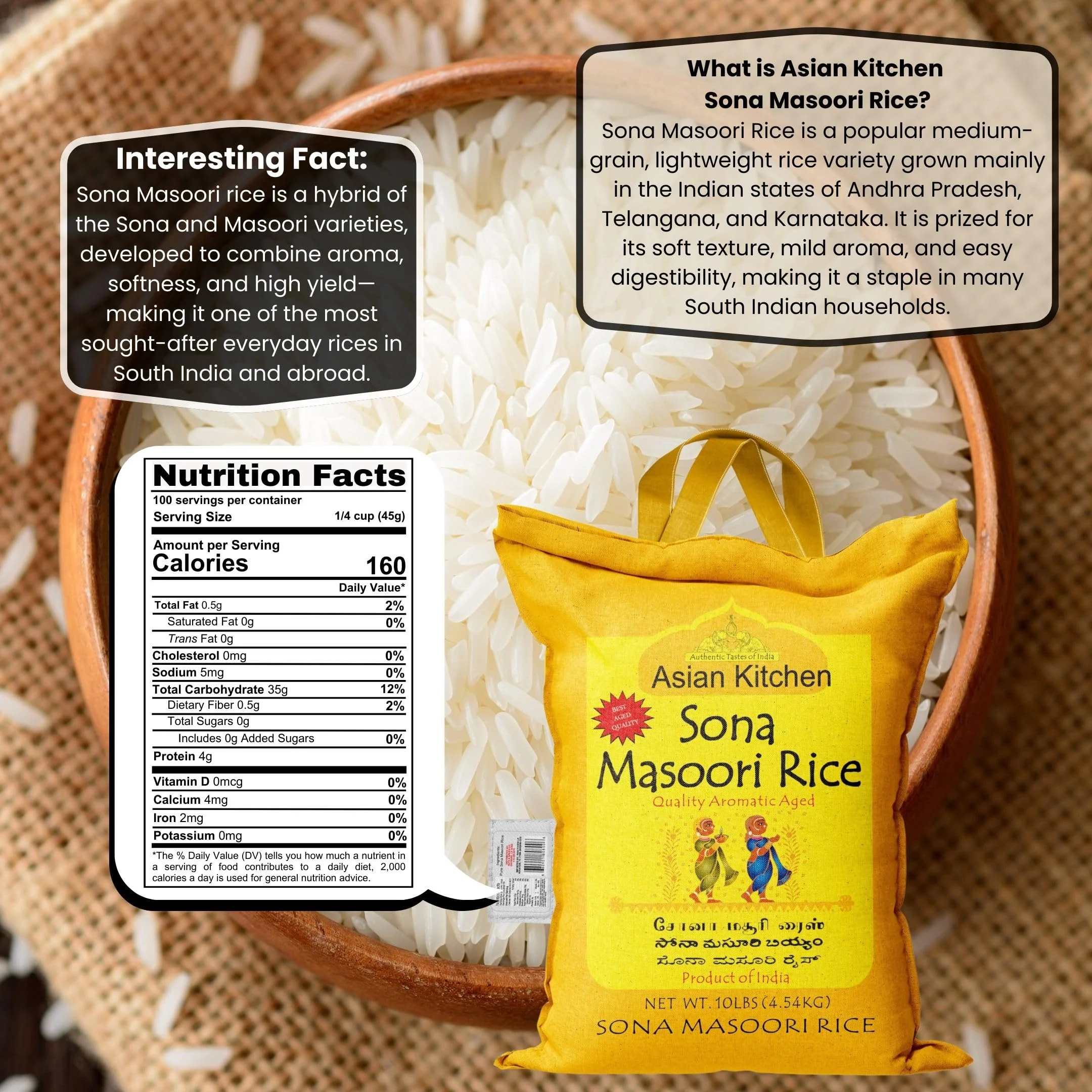 Asian Kitchen White Sona Masoori Aged Rice 10lbs (4.54kg) Short Grain Rice ~ All Natural | Gluten Friendly | Vegan | Indian Origin | Export Quality - Image 3
