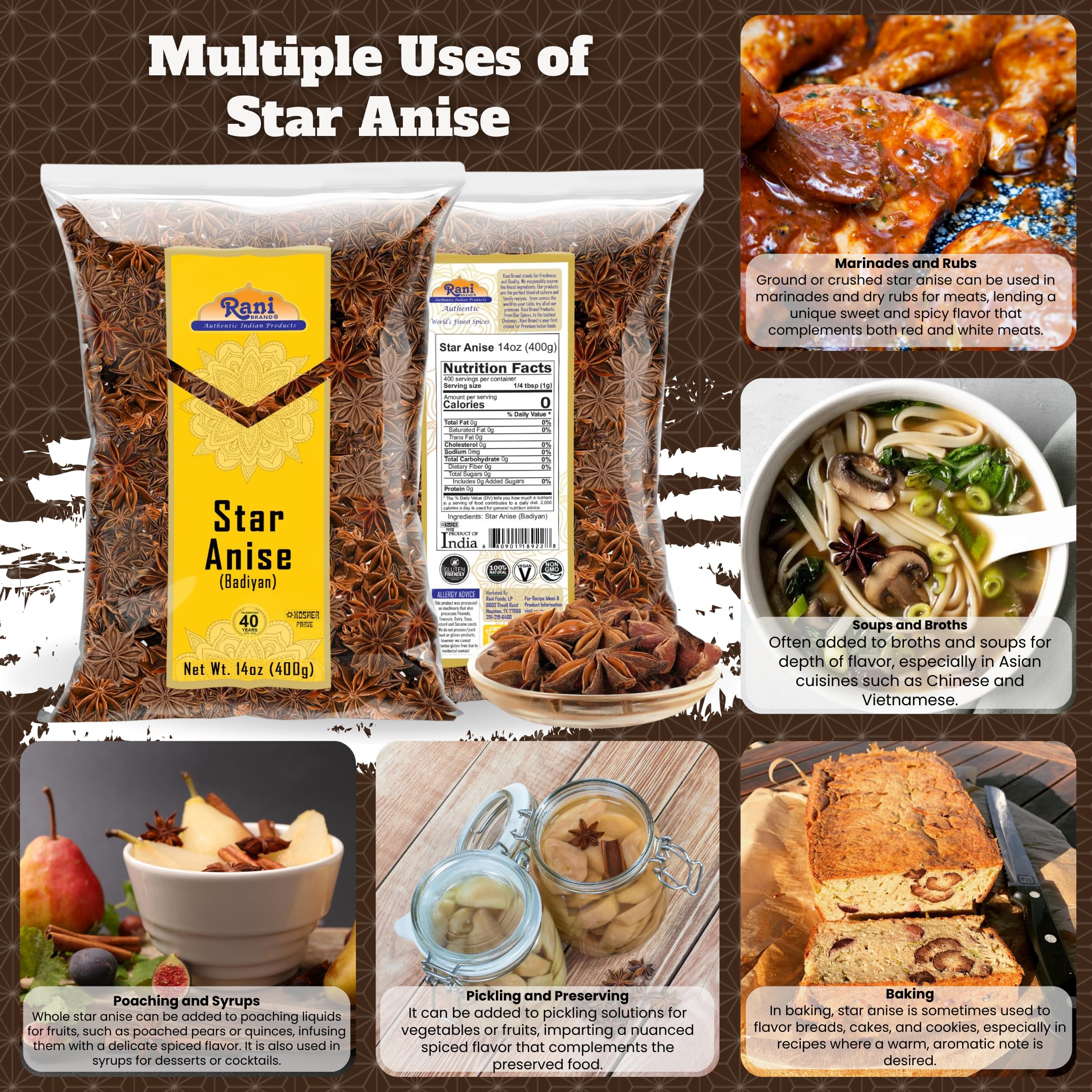 Rani Star Anise Seeds, Whole Pods (Badian Khatai) Spice 14oz (400g) ~ All Natural | Gluten Friendly | Kosher | Vegan | Whole Chinese Anise Star Sun Dried Spice, Anis Estrella / Illicium Verum, Widely Used for Baking, Drinks, Cooking, and Tea - Image 2