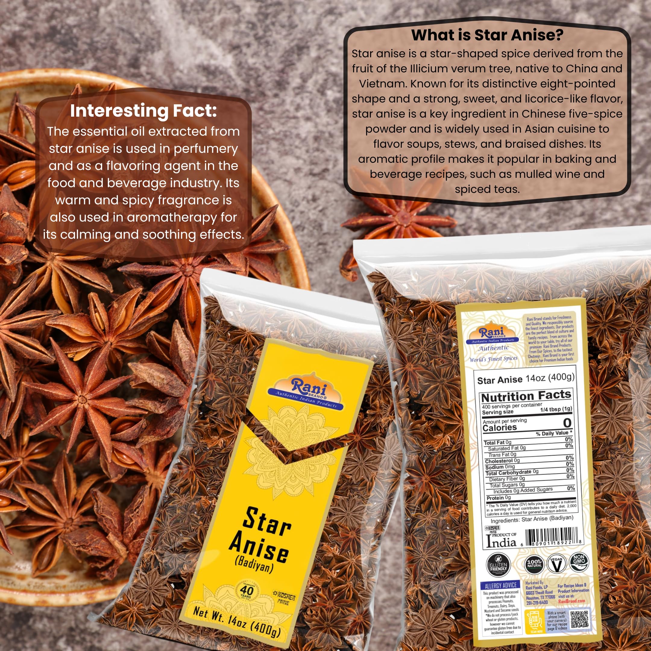 Rani Star Anise Seeds, Whole Pods (Badian Khatai) Spice 14oz (400g) ~ All Natural | Gluten Friendly | Kosher | Vegan | Whole Chinese Anise Star Sun Dried Spice, Anis Estrella / Illicium Verum, Widely Used for Baking, Drinks, Cooking, and Tea - Image 3