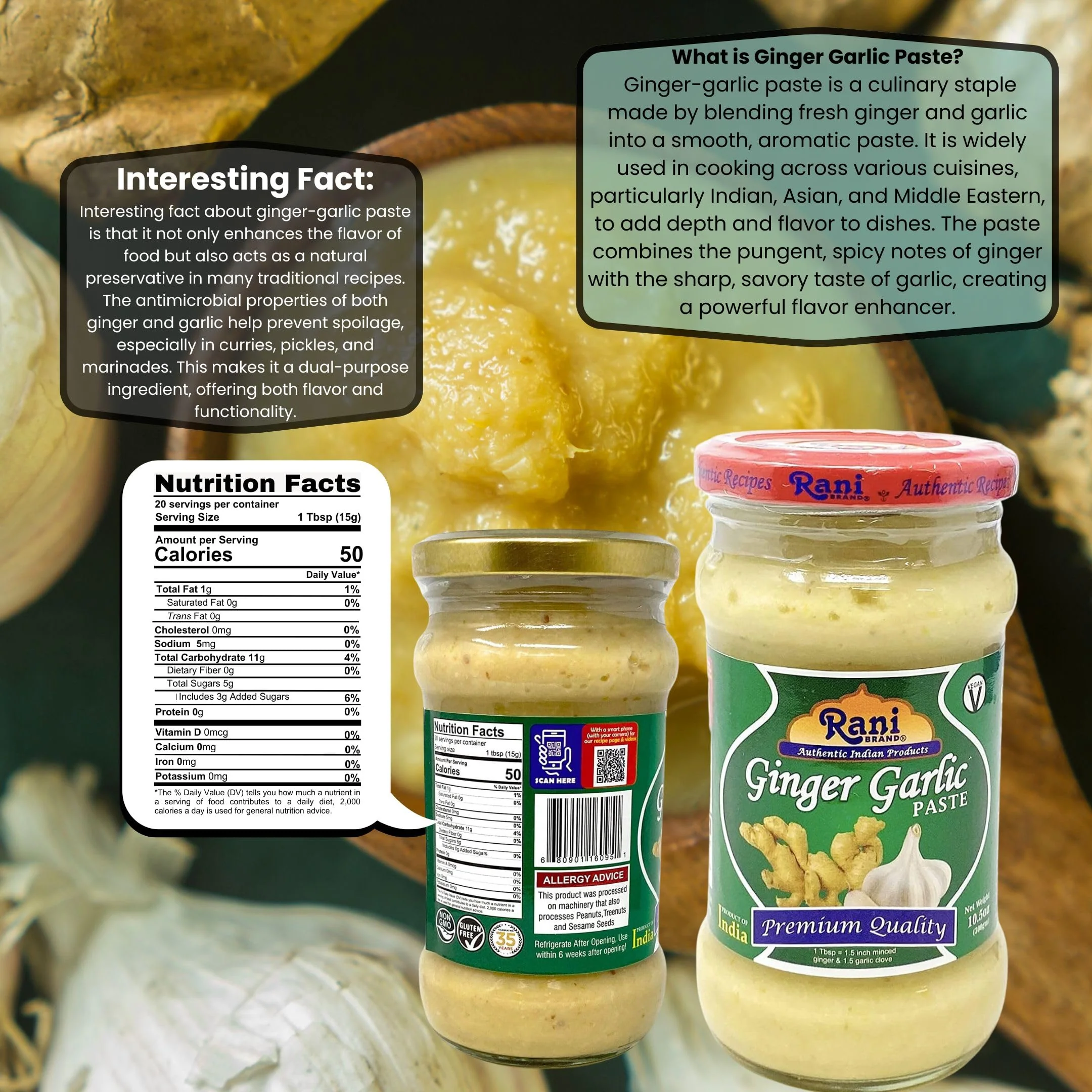 Rani Ginger-Garlic Cooking Paste 10.58oz (300g) ~ Pack of 6 ~ Vegan | Glass Jar | Gluten Free | NON-GMO | No Colors | Indian Origin - Image 3
