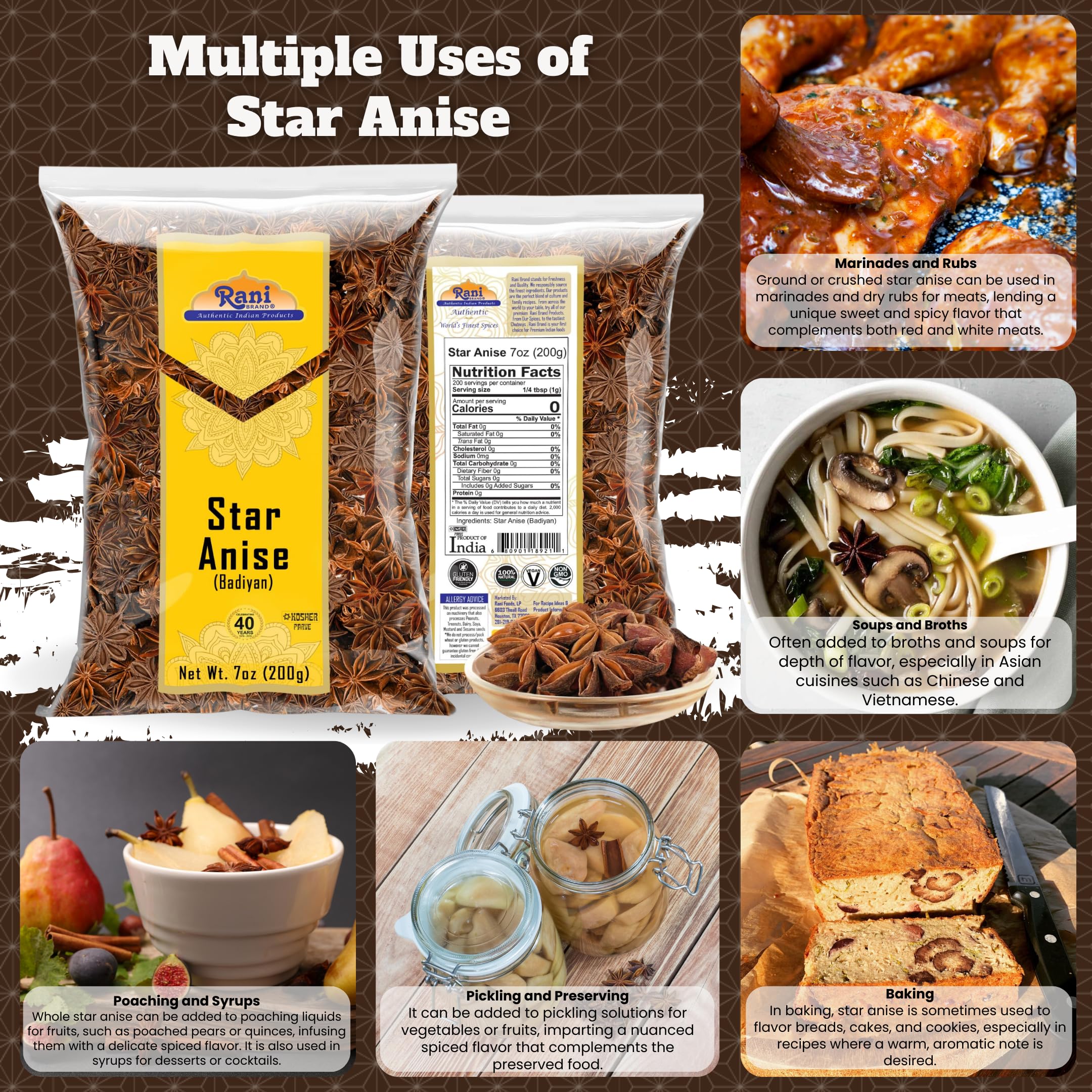 Rani Star Anise Seeds, Whole Pods (Badian Khatai) Spice 7oz (200g) ~ All Natural | Gluten Friendly | Kosher | Vegan | Whole Chinese Anise Star Sun Dried Spice, Anis Estrella / Illicium Verum, Widely Used for Baking, Drinks, Cooking, and Tea - Image 2