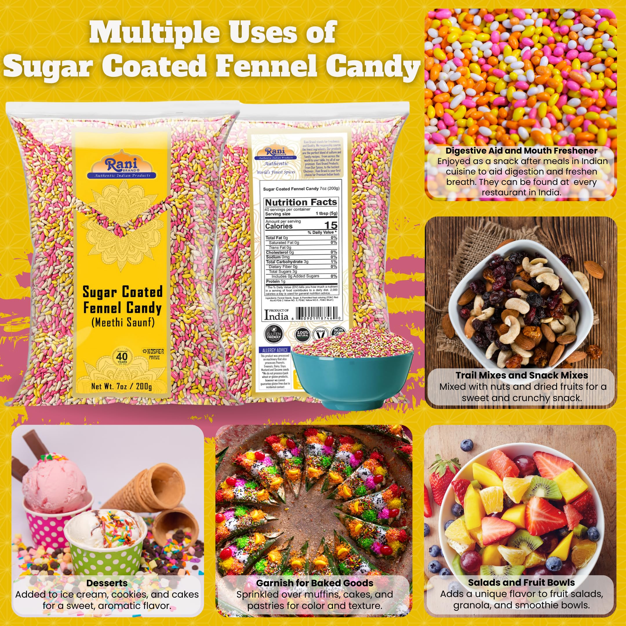 Rani Sugar Coated Fennel Candy 7oz (200g) ~ Indian After Meal Digestive Treat | Vegan | Gluten Friendly | NON-GMO | Indian Origin - Image 2