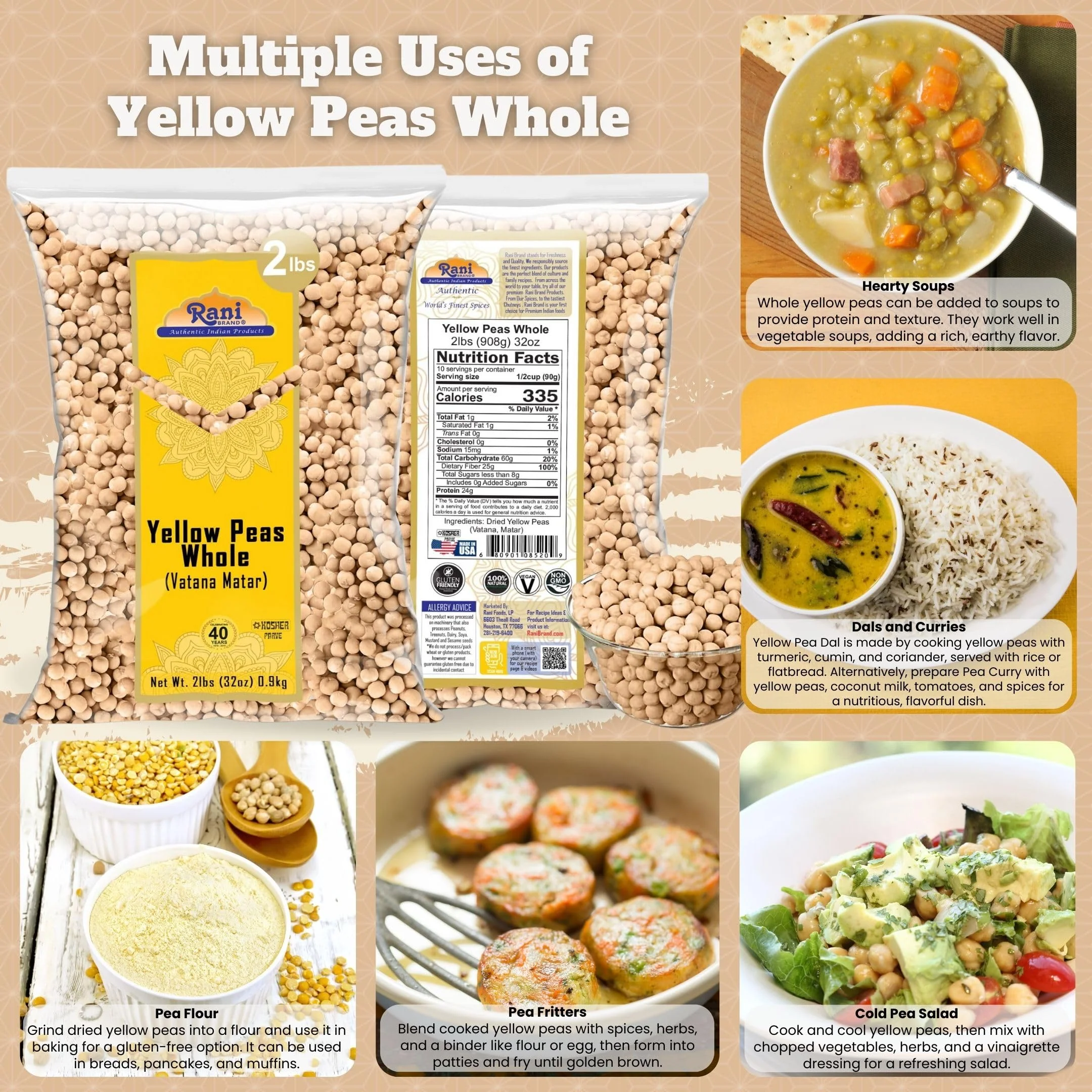 Rani Yellow Peas Whole, Dried (Vatana, Matar) 32oz (2lbs) 907g ~ All Natural | Vegan | Gluten Friendly | Kosher | Product of USA - Image 2
