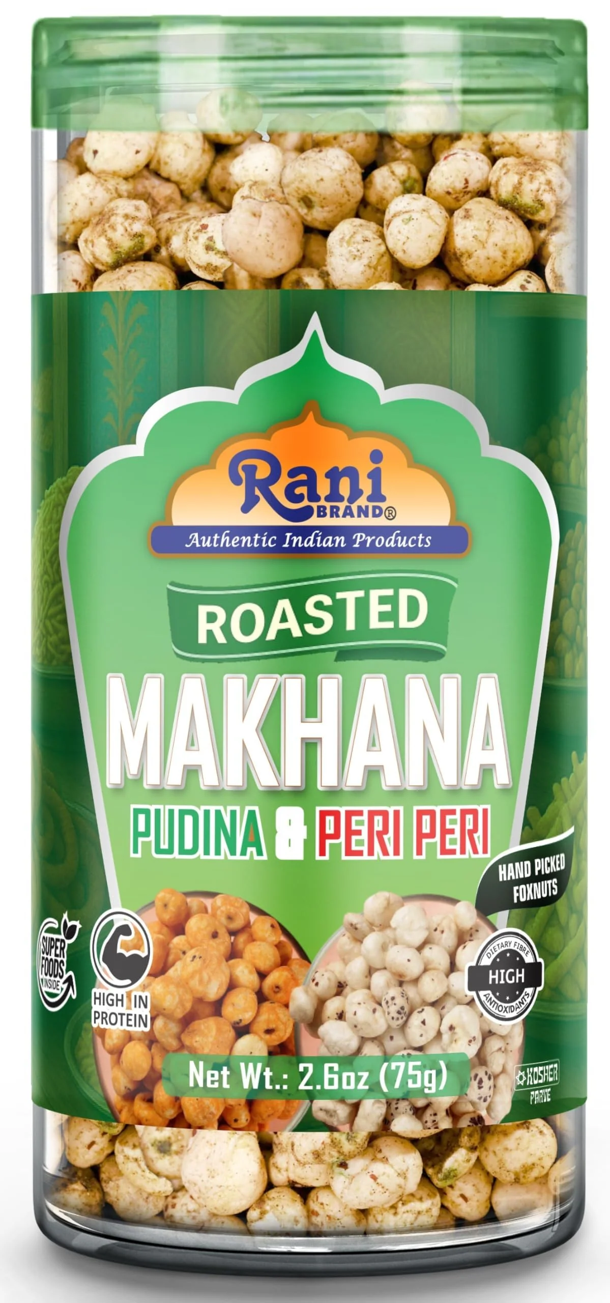 Rani 4 in 1 Combo Set of Roasted Makhana Salt & Pepper, Peri Peri, Tandoori, (2in1) Pudina & Peri-Peri, 2.6oz (75g), Pack of 4, Ready to eat ~ Vegan | Gluten Friendly | Kosher | Indian Origin - Image 2