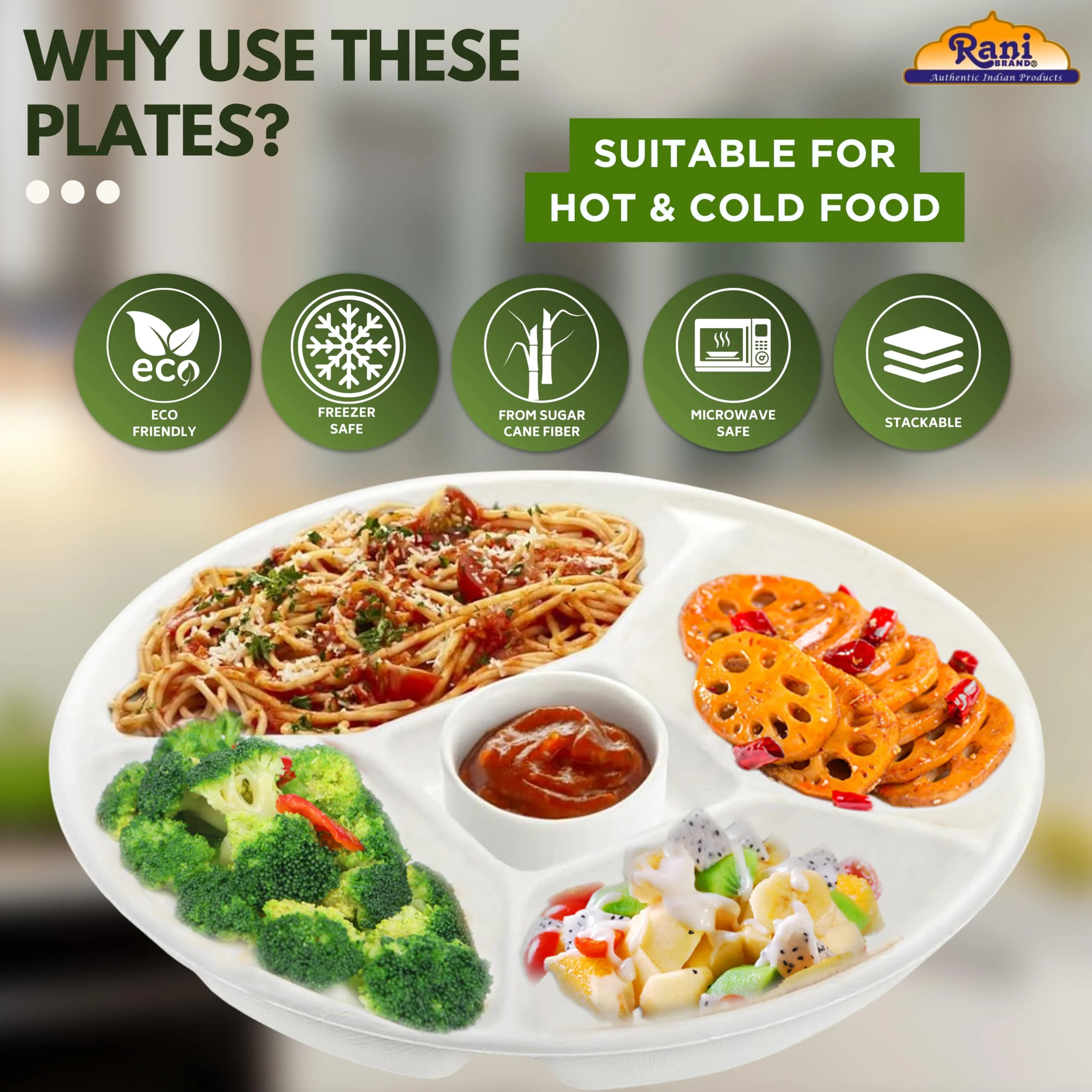 Rani 5 Compartment Round Biodegradable Divided Plates, Pack of 125 ~ Party, Thali, Buffet | Disposable & Eco-Friendly | Heavy-Duty Sturdy Paper Bagasse | Premium Quality | 10" Diameter, 1.38" Height - Image 4