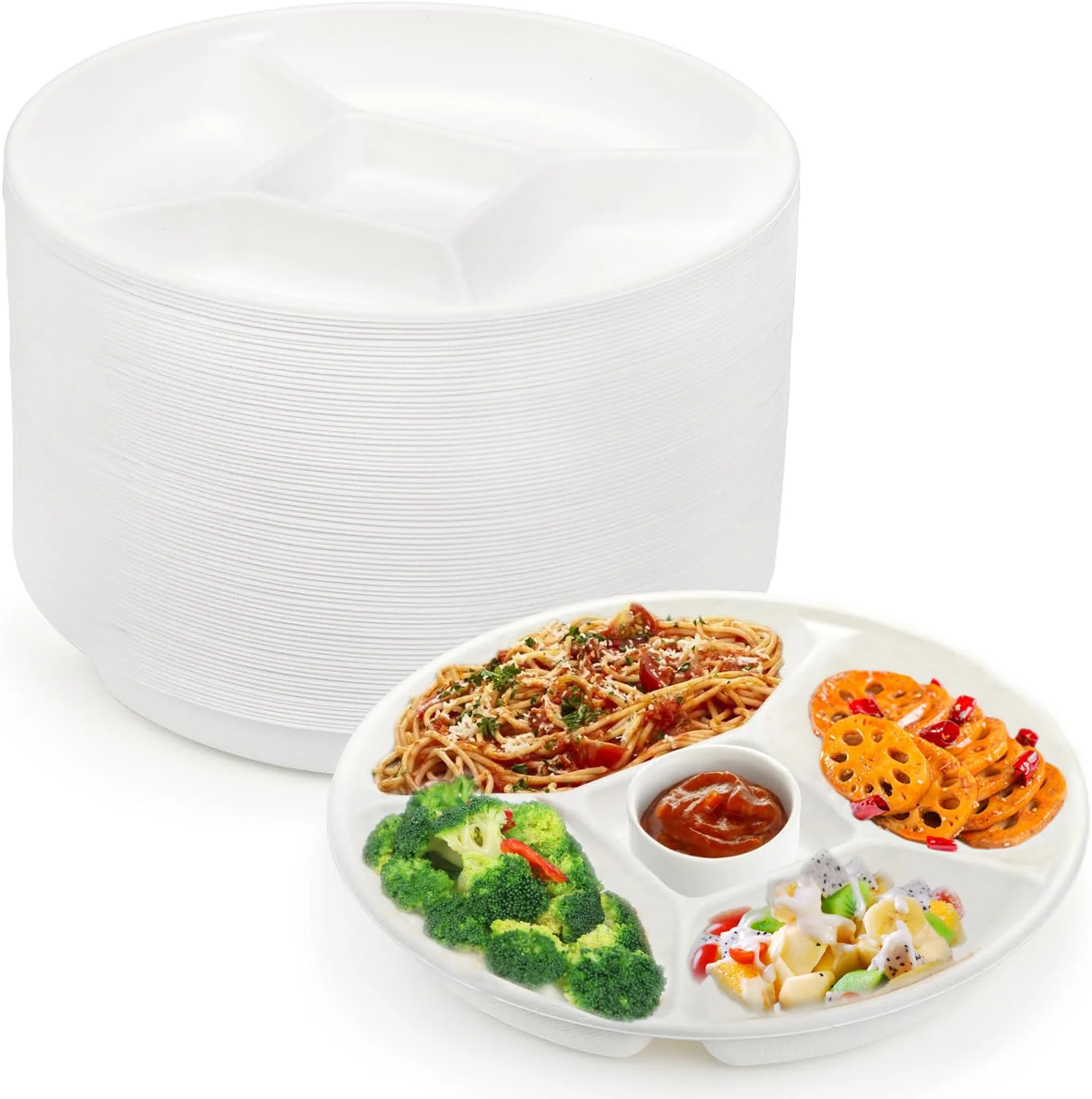 Rani 5 Compartment Round Biodegradable Divided Plates, Pack of 250 ~ Party, Thali, Buffet | Disposable & Eco-Friendly | Heavy-Duty Sturdy Paper Bagasse | Premium Quality | 10" Diameter, 1.38" Height - Image 8
