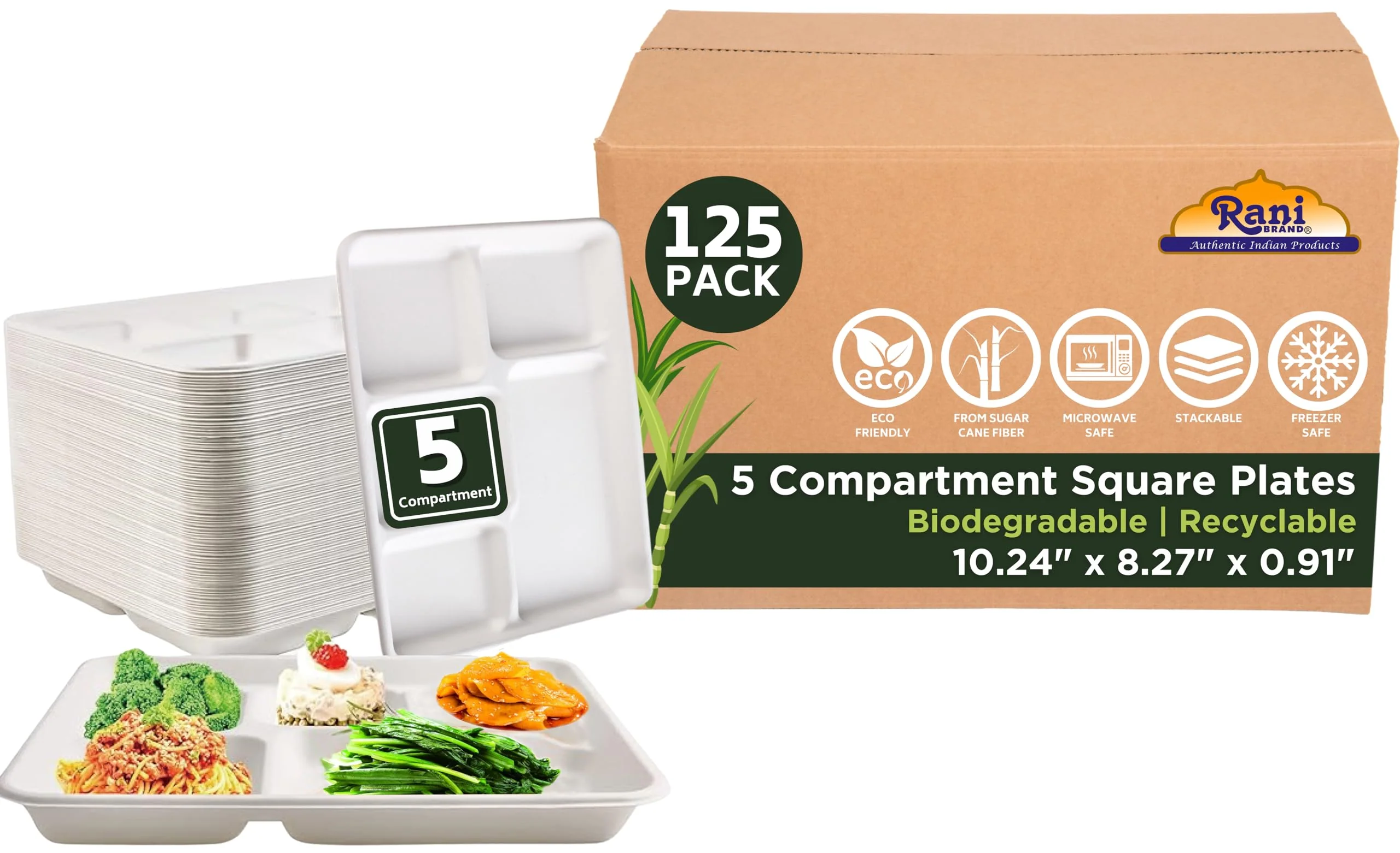 Rani 5 Compartment Square Biodegradable Divided Plates, Pack of 125 ~ Party, Thali, Buffet | Disposable & Eco-Friendly | Heavy-Duty Sturdy Paper Bagasse | Premium Quality | 10.24" x 8.27" x 0.91"