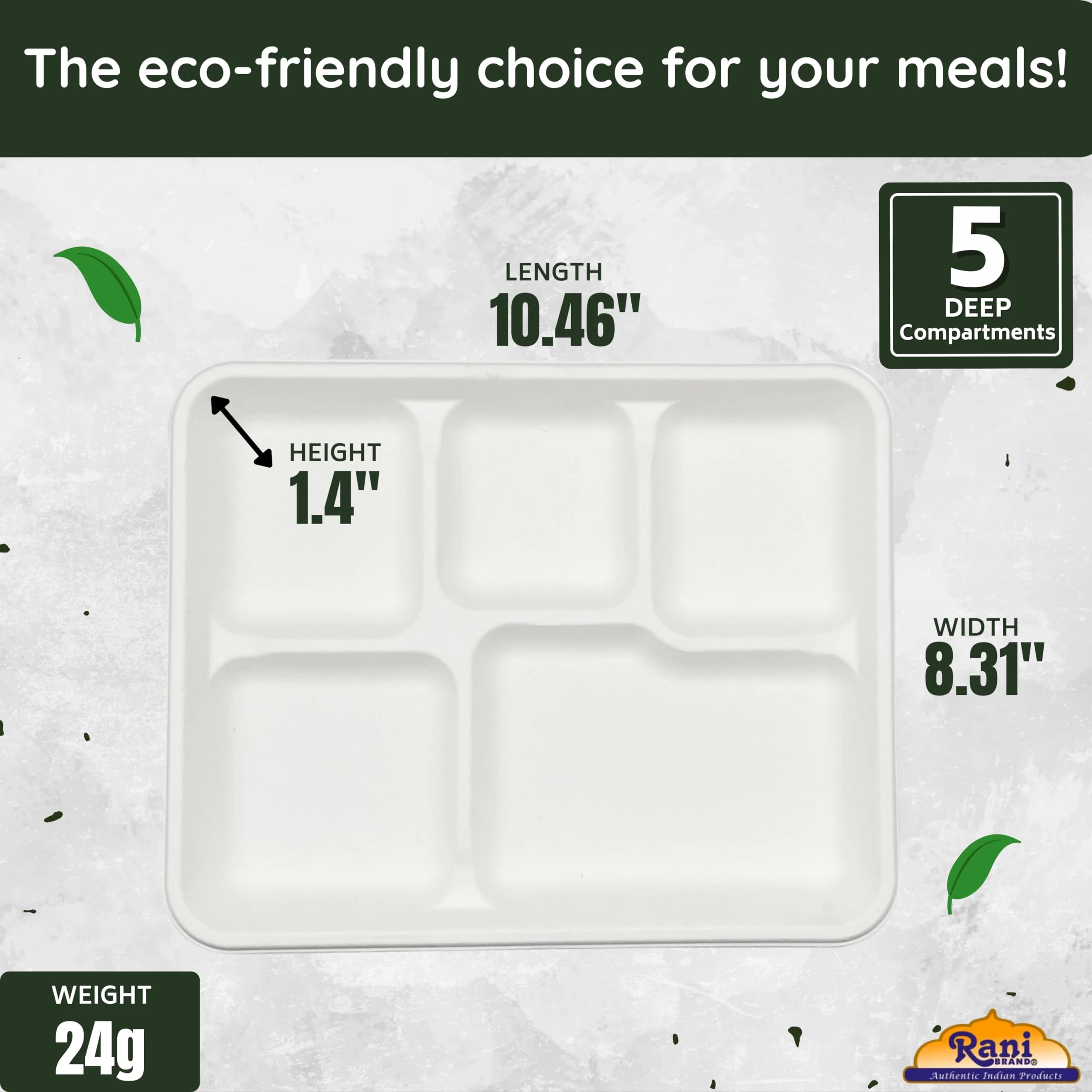 Rani 5 Deep Compartment Square Biodegradable Divided Plates, Pack of 125 ~ Party, Thali, Buffet | Disposable & Eco-Friendly | Heavy-Duty Sturdy Paper Bagasse | Premium Quality | 10.46" x 8.31" x 1.12" - Image 2