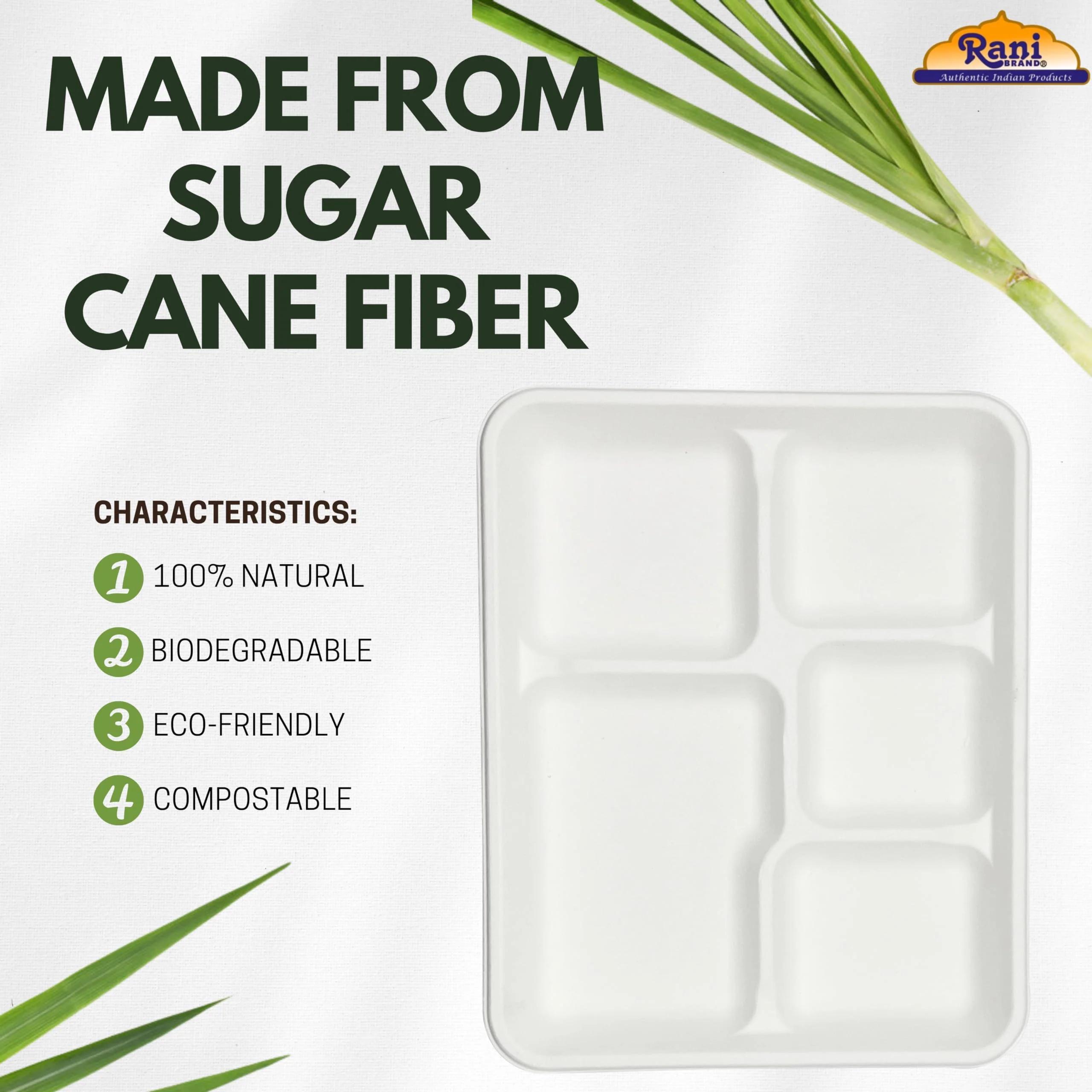 Rani 5 Deep Compartment Square Biodegradable Divided Plates, Pack of 125 ~ Party, Thali, Buffet | Disposable & Eco-Friendly | Heavy-Duty Sturdy Paper Bagasse | Premium Quality | 10.46" x 8.31" x 1.12" - Image 3