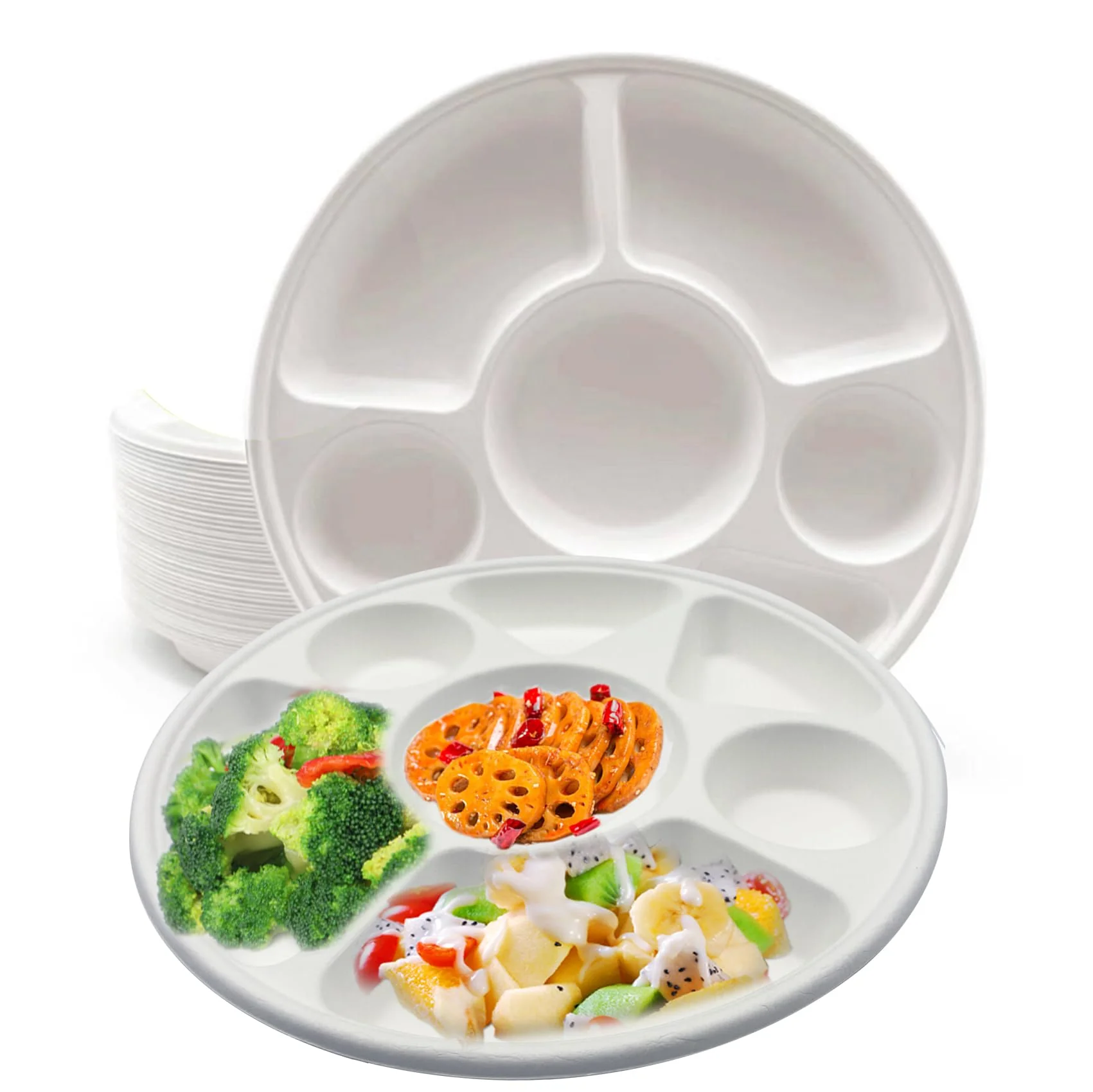Rani 7 Compartment Round Biodegradable Divided Plates, Pack of 125 ~ Party, Thali, Buffet | Disposable & Eco-Friendly | Heavy-Duty Sturdy Paper Bagasse | Premium Quality | 11" Diameter, 1.38" Height - Image 8