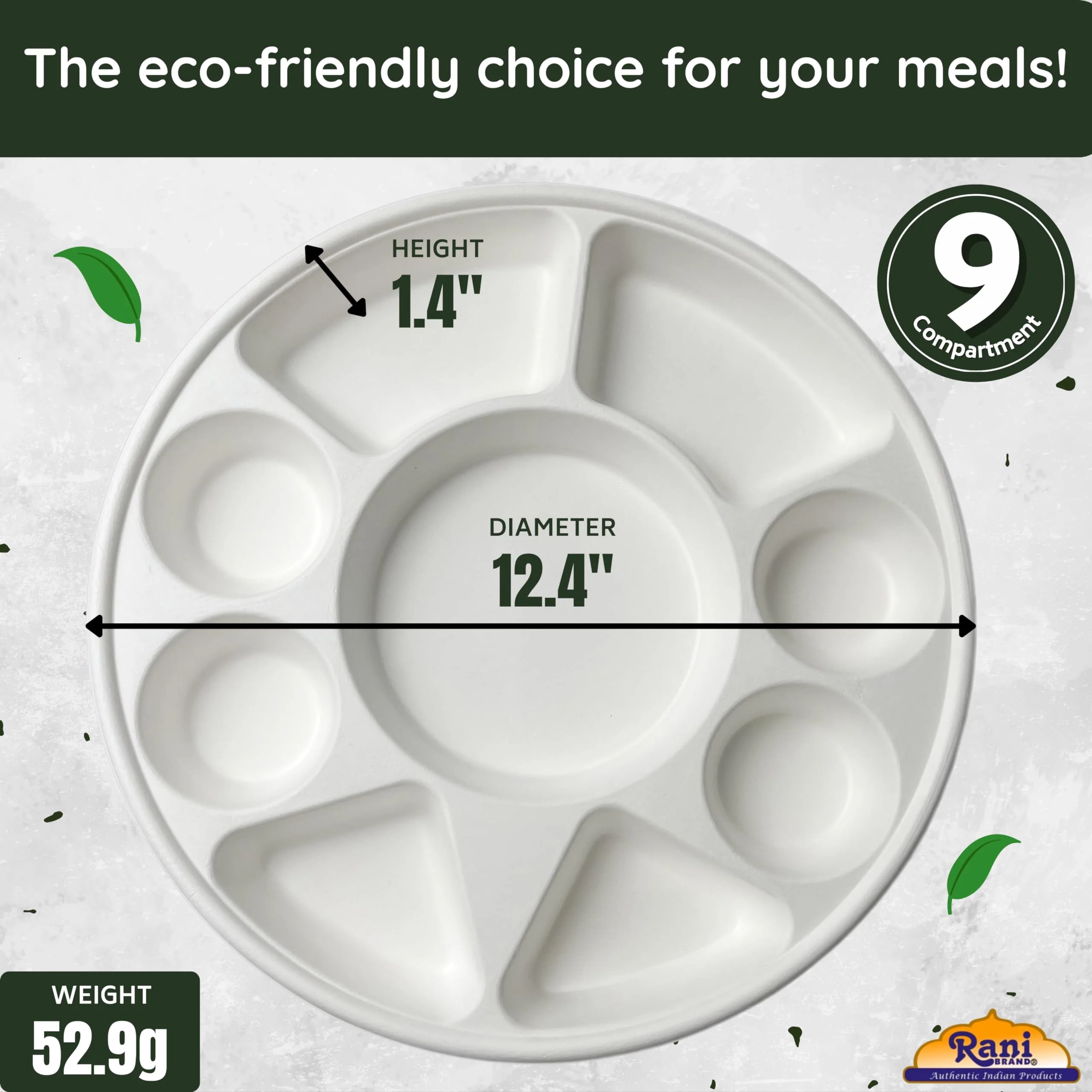 Rani 9 Compartment Round Biodegradable Divided Plates, Pack of 25 ~ Party, Thali, Buffet | Disposable & Eco-Friendly | Heavy-Duty Sturdy Paper Bagasse | Premium Quality | 12.44" Diameter 1.38" Height - Image 2