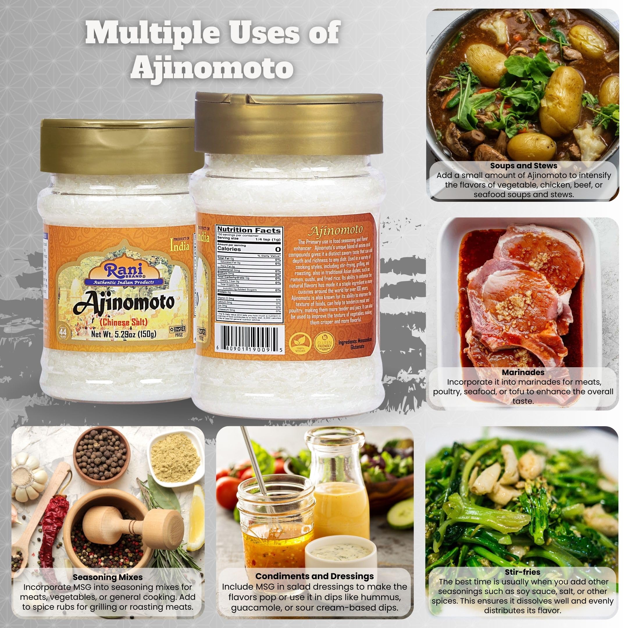 Rani Ajinomoto (Chinese Salt) 5.29 (150g) PET Jar ~ Umami Seasoning, Perfect for stir-frying, roasting, soups, salads & dressings | Gluten Friendly | Vegan | NON-GMO | Kosher | Indian Origin - Image 7