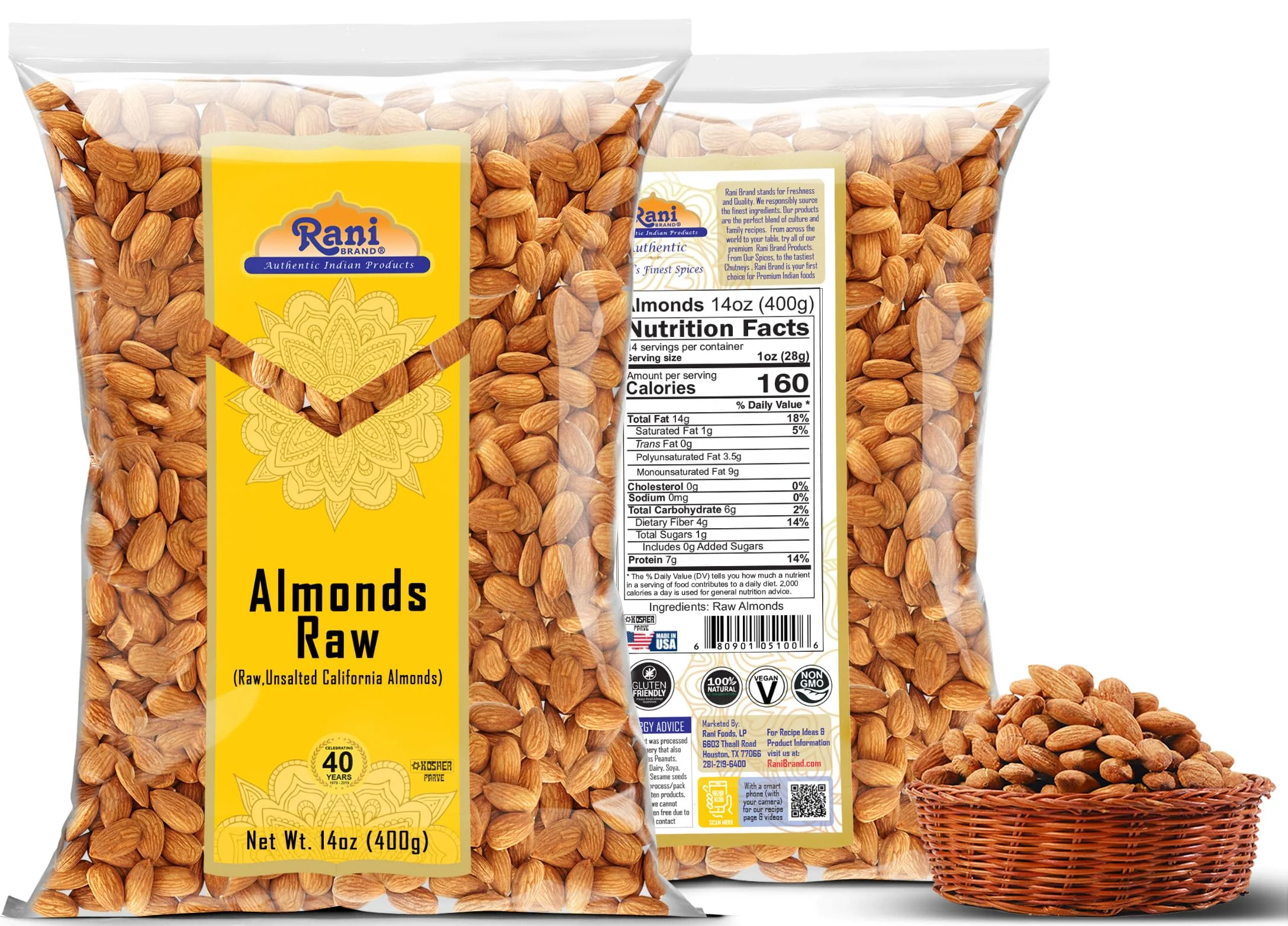 Rani Almonds, Raw Whole With Skin 14oz (400g) ~ All Natural | Vegan | Kosher | Gluten Friendly | Fresh Product of USA ~ California Shelled Almonds - Image 6
