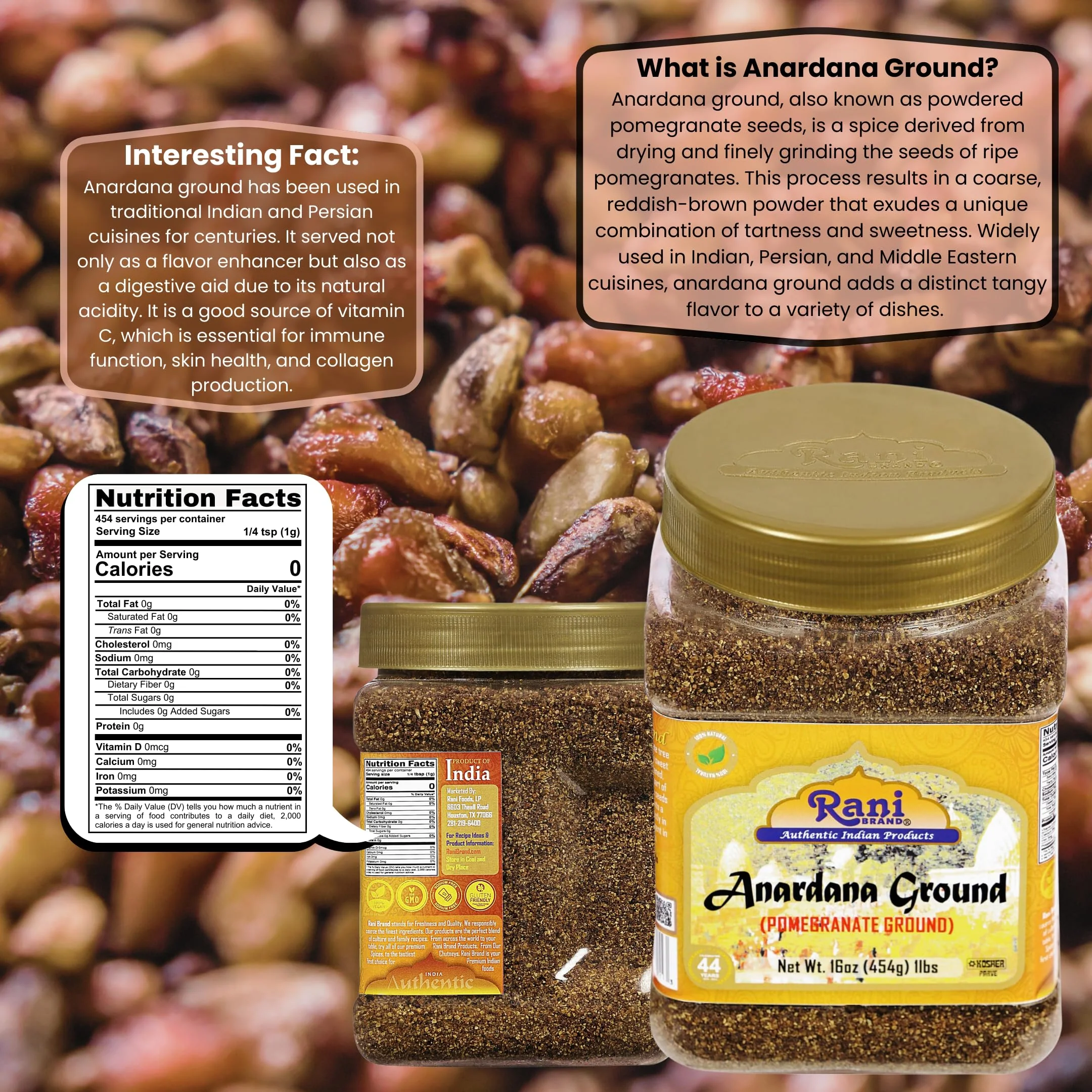 Rani Anardana (Pomegranate) Ground, Indian Spice 16oz (1lb) 454g PET Jar ~ All Natural | No Color | Gluten Friendly | Vegan | NON-GMO | Kosher | No Salt or fillers - Image 3