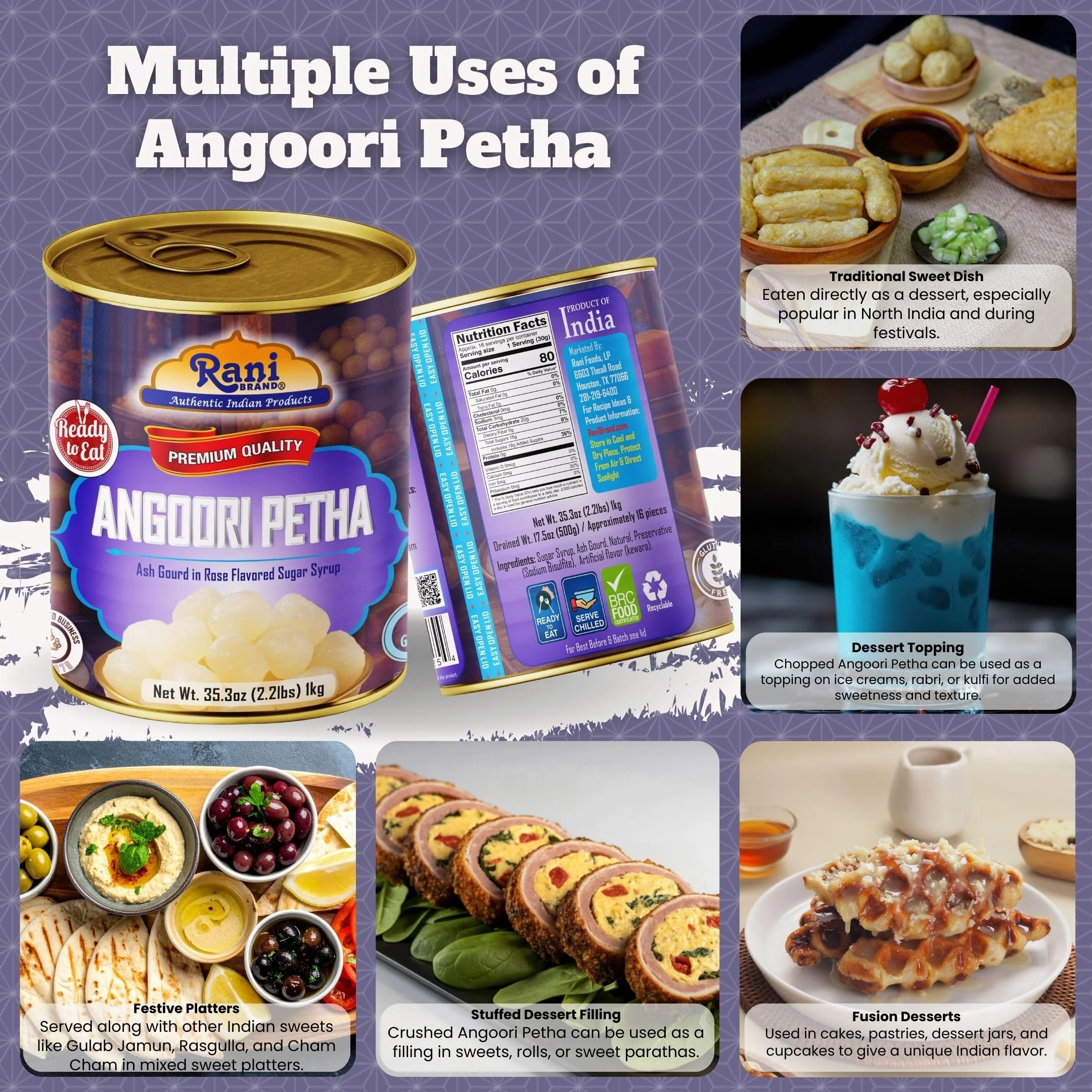 Rani Angoori Petha (Ash Gourd In Rose Flavored Sugar Syrup) 35.3oz (2.2lbs) 1kg, Approximately 14 pieces, Easy Open Lid ~ Ready to eat | Gluten Free | Non-GMO | Kosher | Indian Origin - Image 2