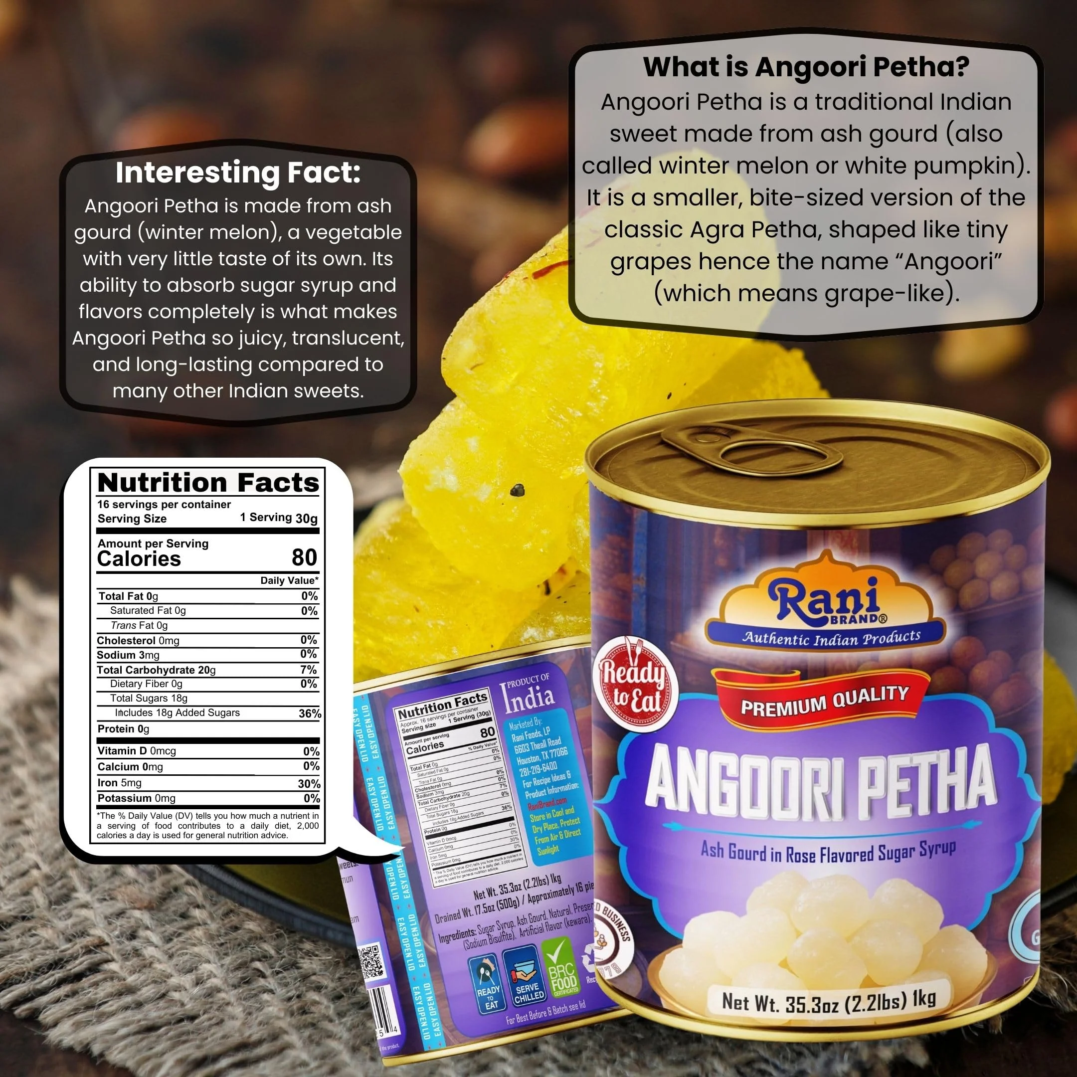 Rani Angoori Petha (Ash Gourd In Rose Flavored Sugar Syrup) 35.3oz (2.2lbs) 1kg, Pack of 2, Approximately 14 pieces, Easy Open Lid ~ Ready to eat | Gluten Free | Non-GMO | Kosher | Indian Origin - Image 3