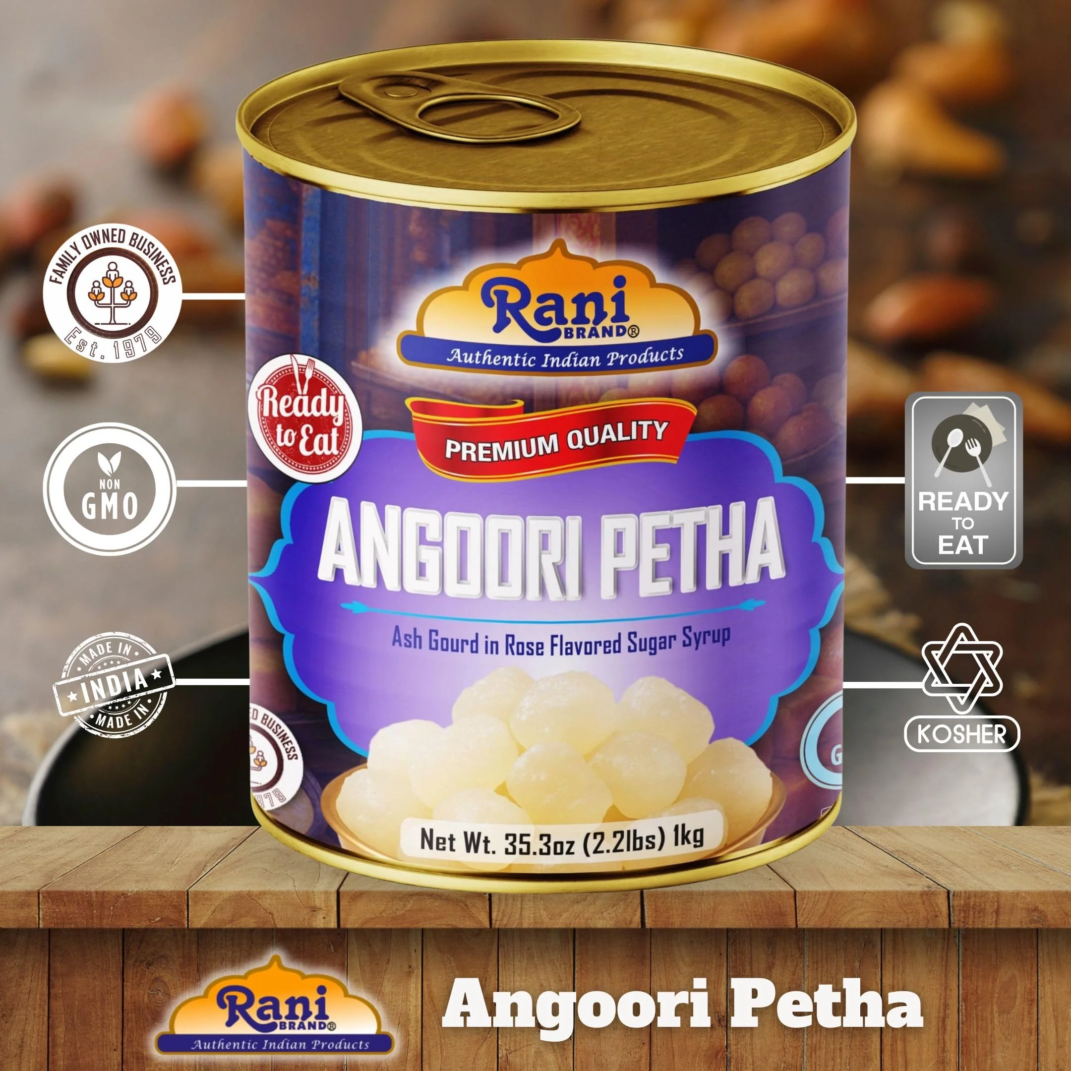 Rani Angoori Petha (Ash Gourd In Rose Flavored Sugar Syrup) 35.3oz (2.2lbs) 1kg, Pack of 2, Approximately 14 pieces, Easy Open Lid ~ Ready to eat | Gluten Free | Non-GMO | Kosher | Indian Origin - Image 4