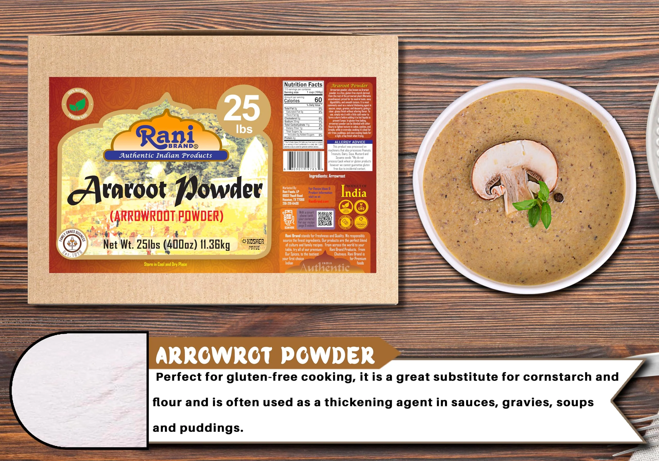 Rani Araroot (Arrowroot) Powder, Starch 400oz (25lbs) 11.36kg Bulk Box ~ All Natural | Gluten Friendly | No Color | Vegan | NON-GMO | Kosher | Indian Origin - Image 3