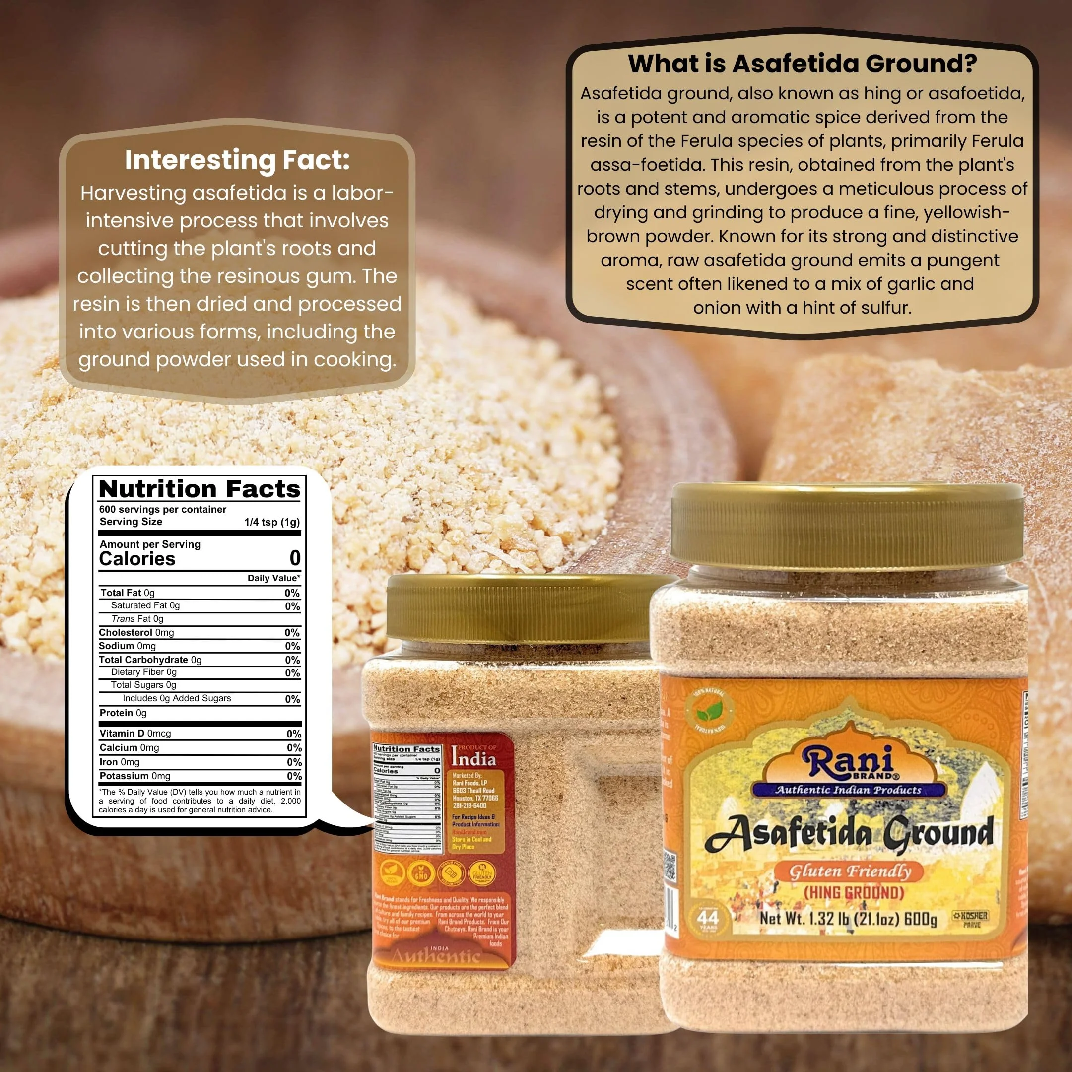 Rani Asafetida (Hing) Ground 21.1oz (1.32lbs) 600g Gluten Friendly, PET Jar ~ All Natural | Salt Free | Vegan | Non-GMO | Asafoetida Indian Spice | Best for Onion Garlic Substitute - Image 3