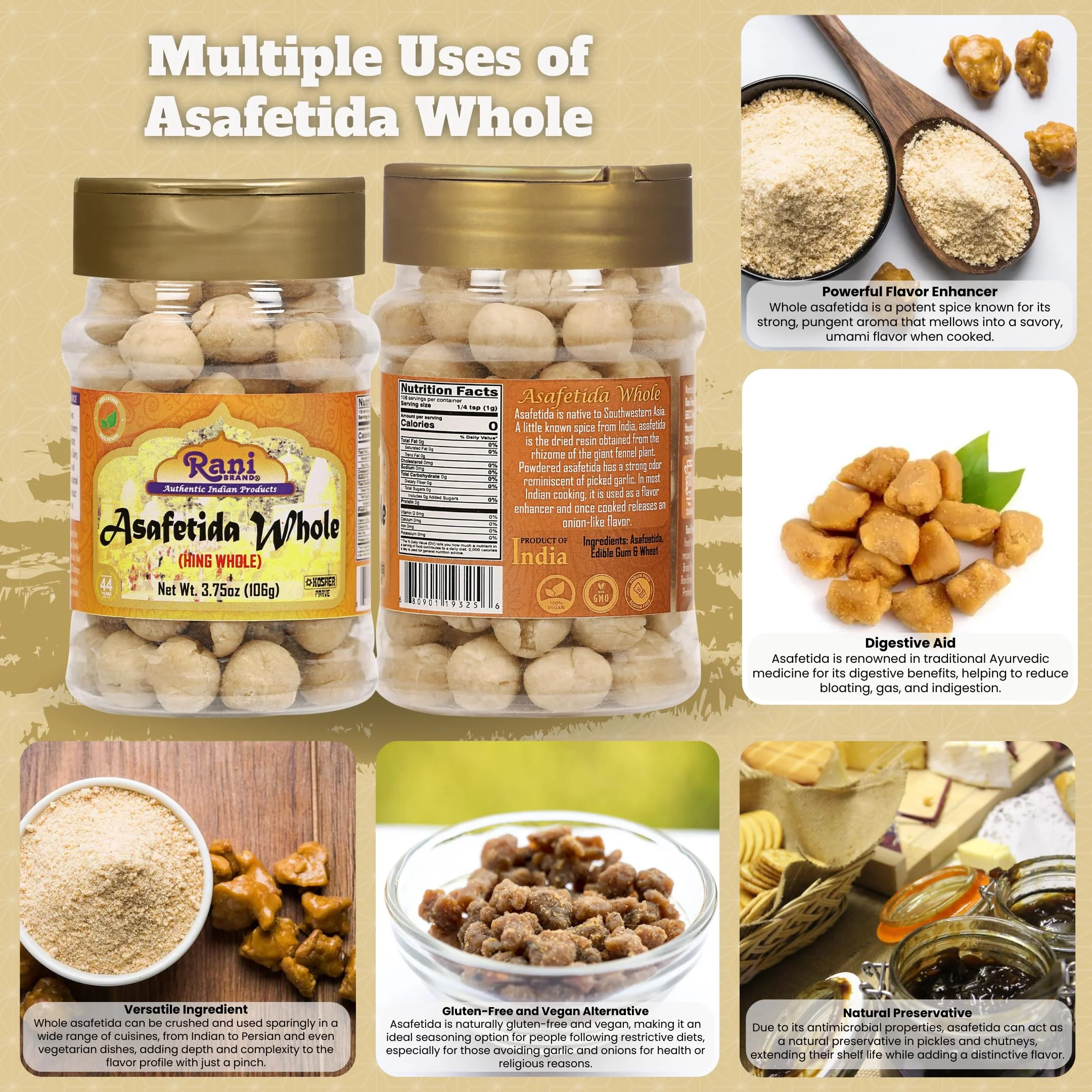 Rani Asafetida (Hing) Whole 3.75oz (106g) PET Jar ~ All Natural | Salt Free | Kosher | Vegan | Asafoetida Indian Spice | Best for Onion Garlic Substitute - Image 2
