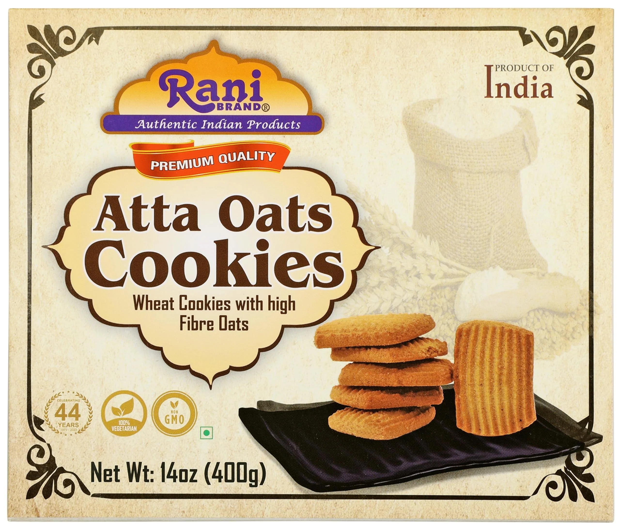 Rani Atta Oats Cookies (Wheat Cookies with High Fibre Oats) 14oz (400g) Premium Quality Indian Cookies ~ All Natural | Vegan | Non-GMO | Indian Origin