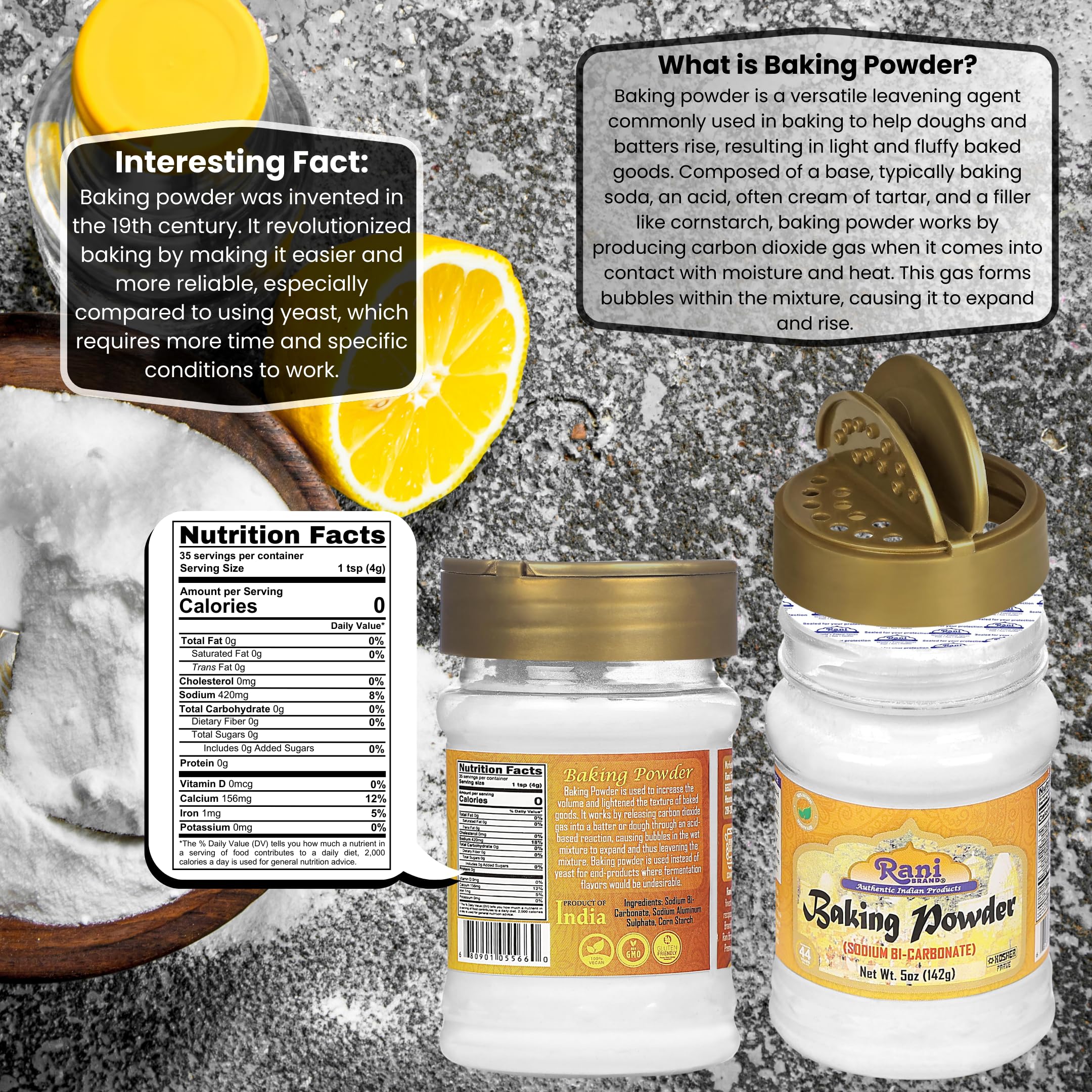 Rani Baking Powder 5oz (150g) PET Jar ~ Used for cooking, NON-GMO | Kosher | Indian Origin | Gluten Friendly - Image 3