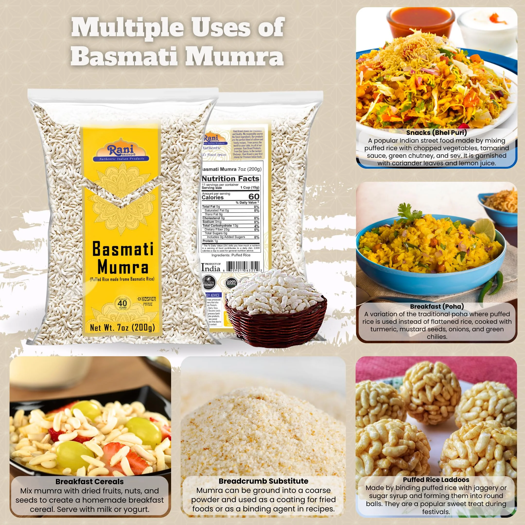 Rani Basmati Mamra (Puffed Rice) 7oz (200g) ~ All Natural, Indian Origin | No Color | Gluten Friendly | Vegan | NON-GMO | Kosher | No Salt or fillers - Image 2