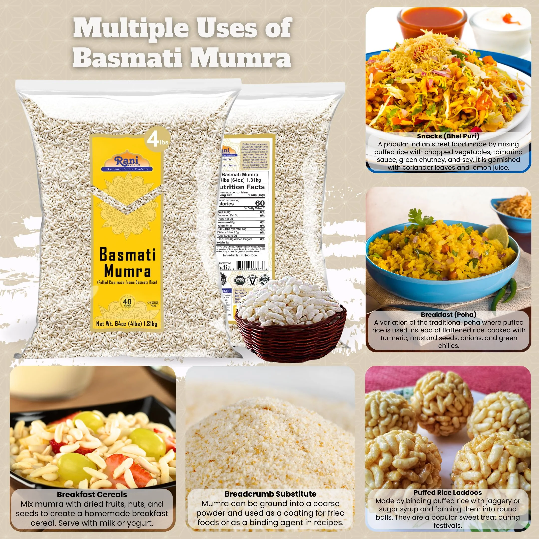 Rani Basmati Mumra (Puffed Rice) 64oz (4lbs) 1.81kg Bulk ~ All Natural | No Color | Gluten Friendly | Vegan | NON-GMO | Kosher | No Salt or fillers | Indian Origin - Image 2