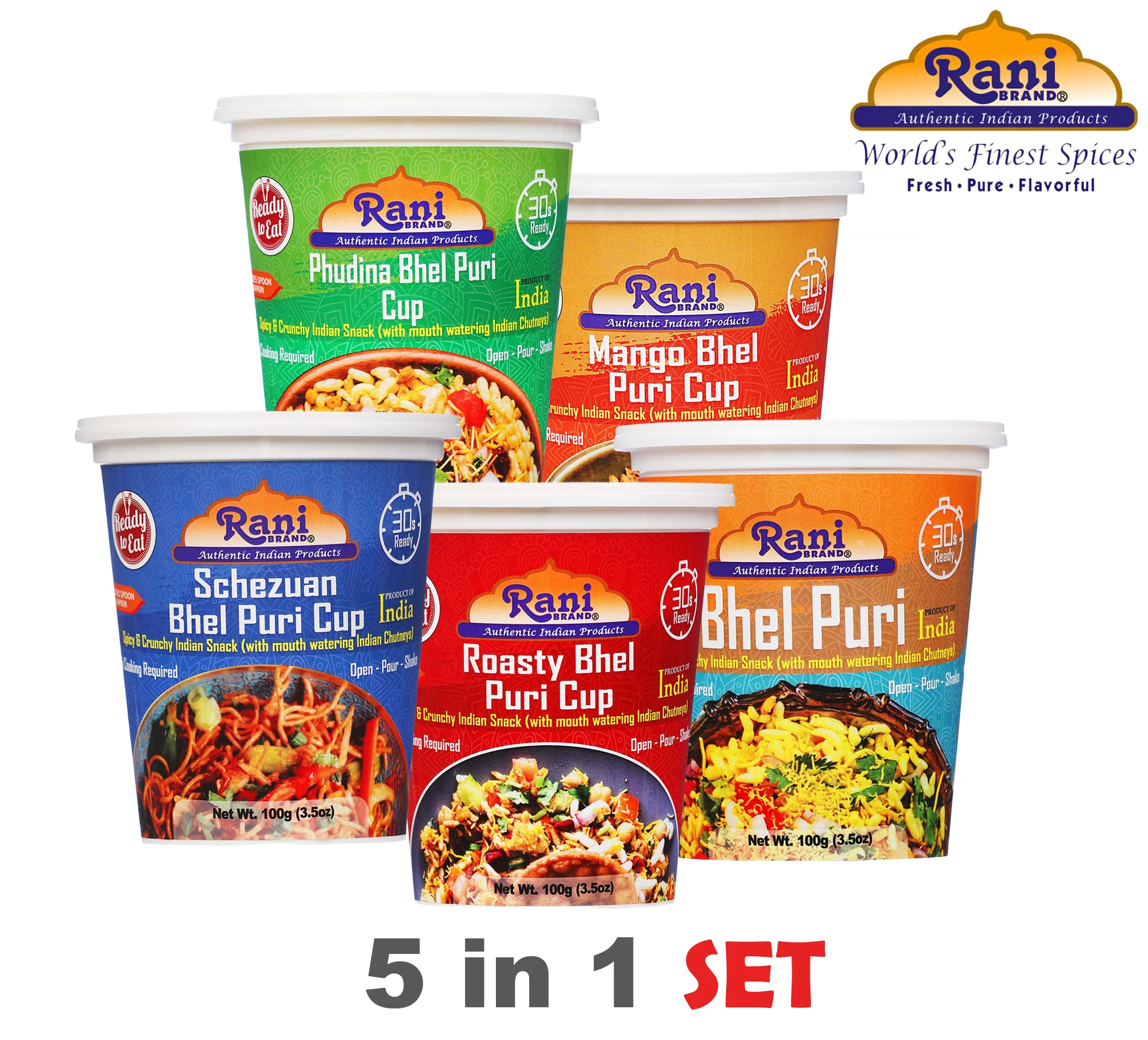 Rani Bhel Puri Cups 5 Flavors-in-1 Set (Regular, Roasty, Mango, Schezuan, Pudina) 3.5oz (100g), Pack of 5 ~ Spicy & Crunchy Indian Snack | Ready to Eat | Vegan | NON-GMO | Indian Origin - Image 2