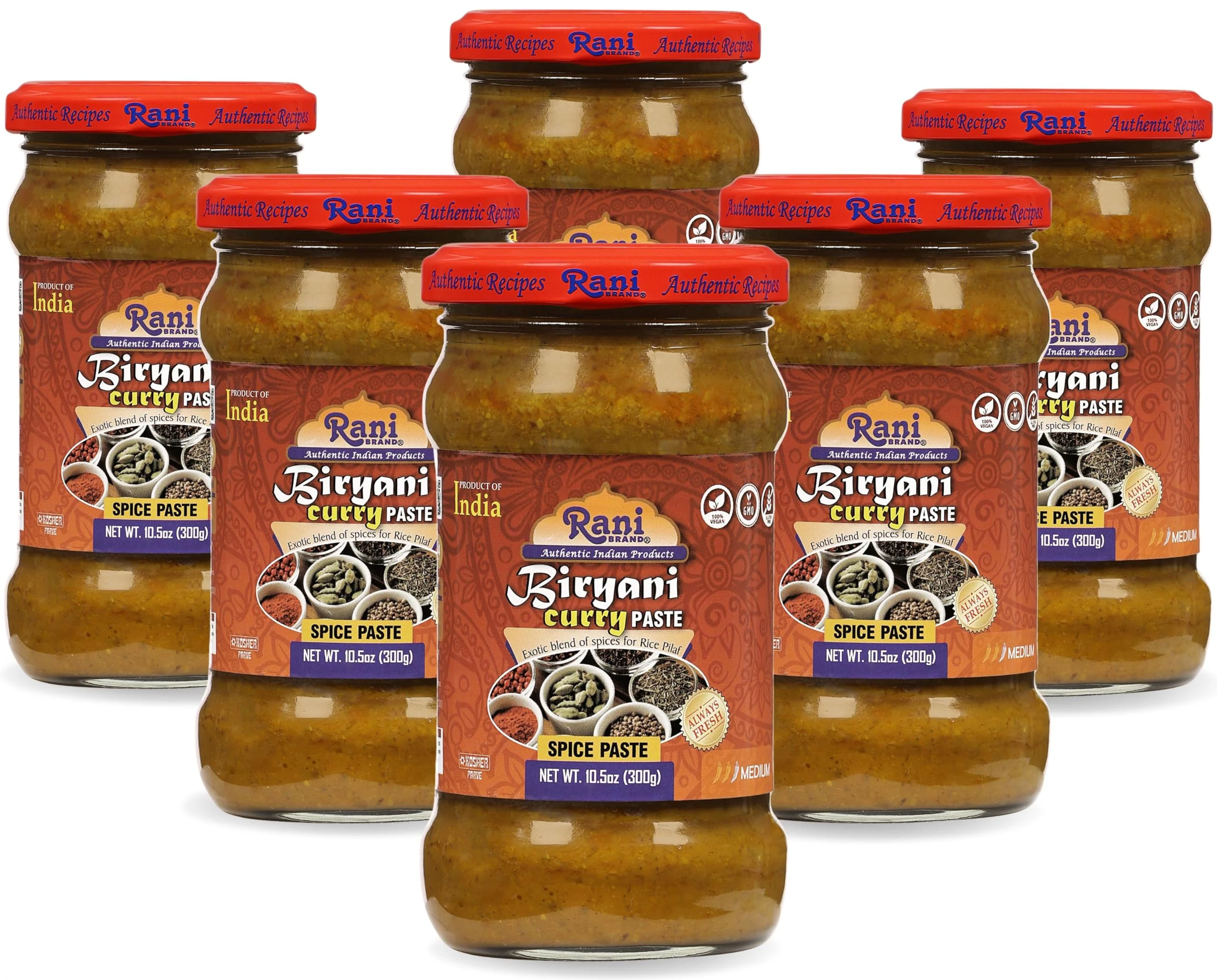 Rani Biryani Masala Curry Paste (Cooking Spice Paste for Indian Rice Dishes, Pullao/Pilau) 10.5oz (300g) Glass Jar, Pack of 5+1 FREE ~ All Natural | Vegan | No Colors | Gluten Free | NON-GMO | Kosher