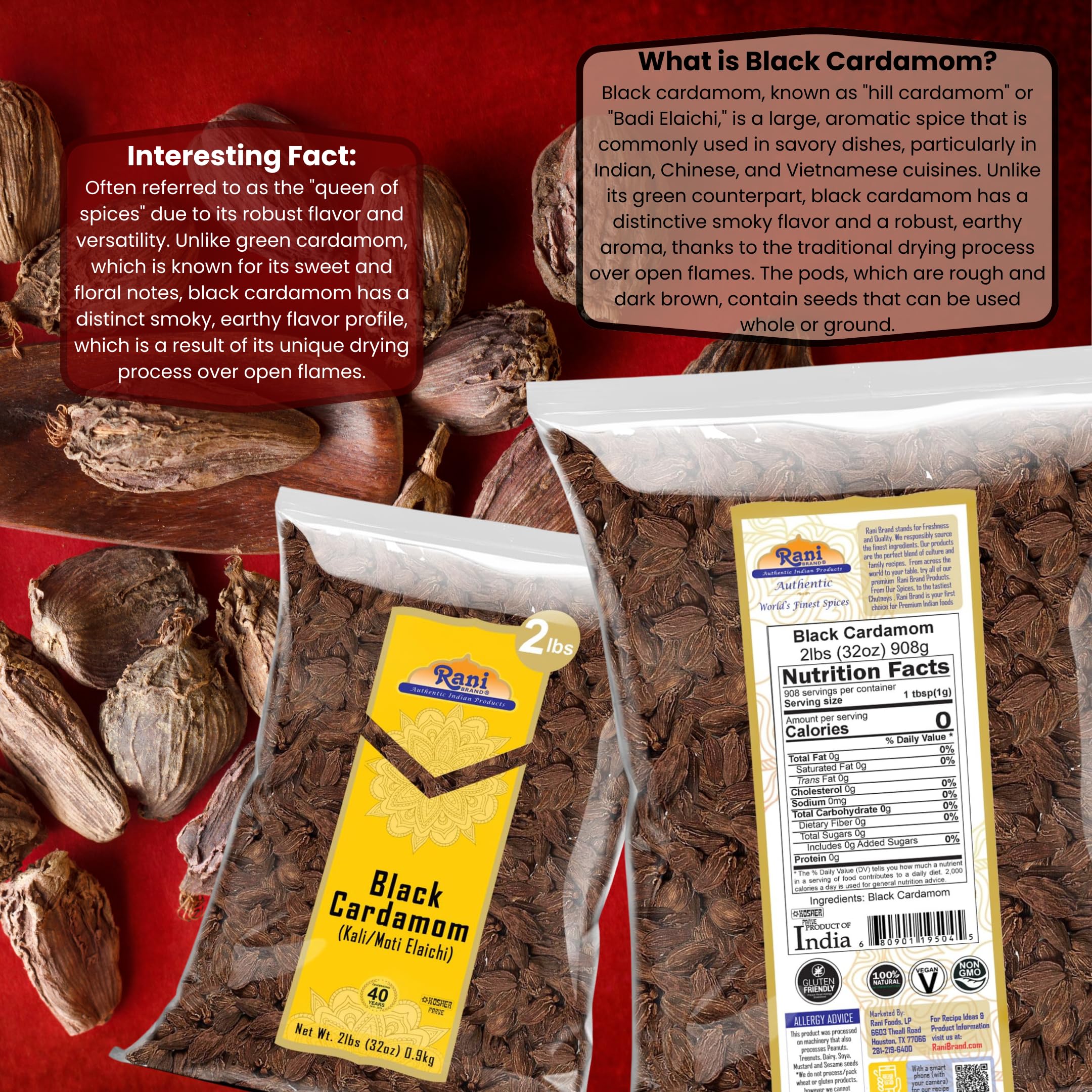 Rani Black Cardamom Pods (Kali Elachi) Whole Indian Spice 32oz (2lbs) 908g Bulk ~ All Natural | Vegan | Gluten Friendly | NON-GMO | Kosher | Indian Origin | Smokey, Tsaoko, Cao Guo, Bach Dan Khau, Badi - Image 3