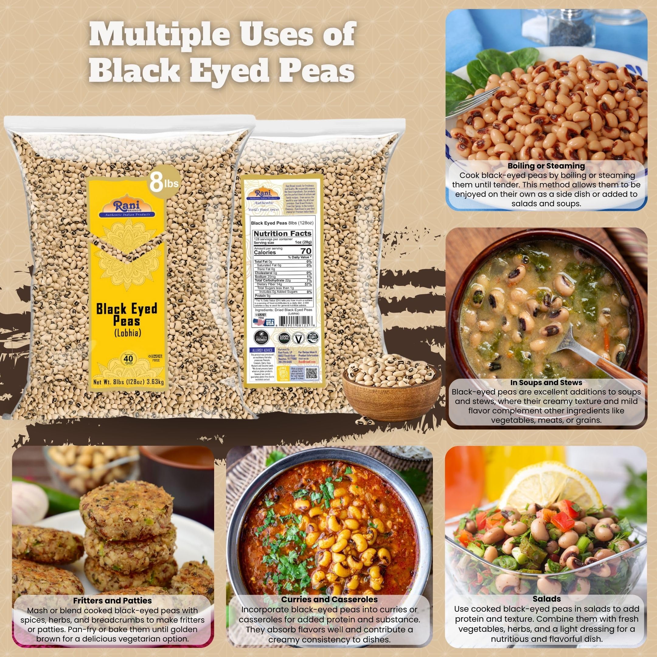 Rani Black Eyed Peas, Dried (Lobhia) 128oz (8lbs) 3.63kg Bulk ~ All Natural | Vegan | Kosher | Gluten Friendly | Product of USA - Image 2