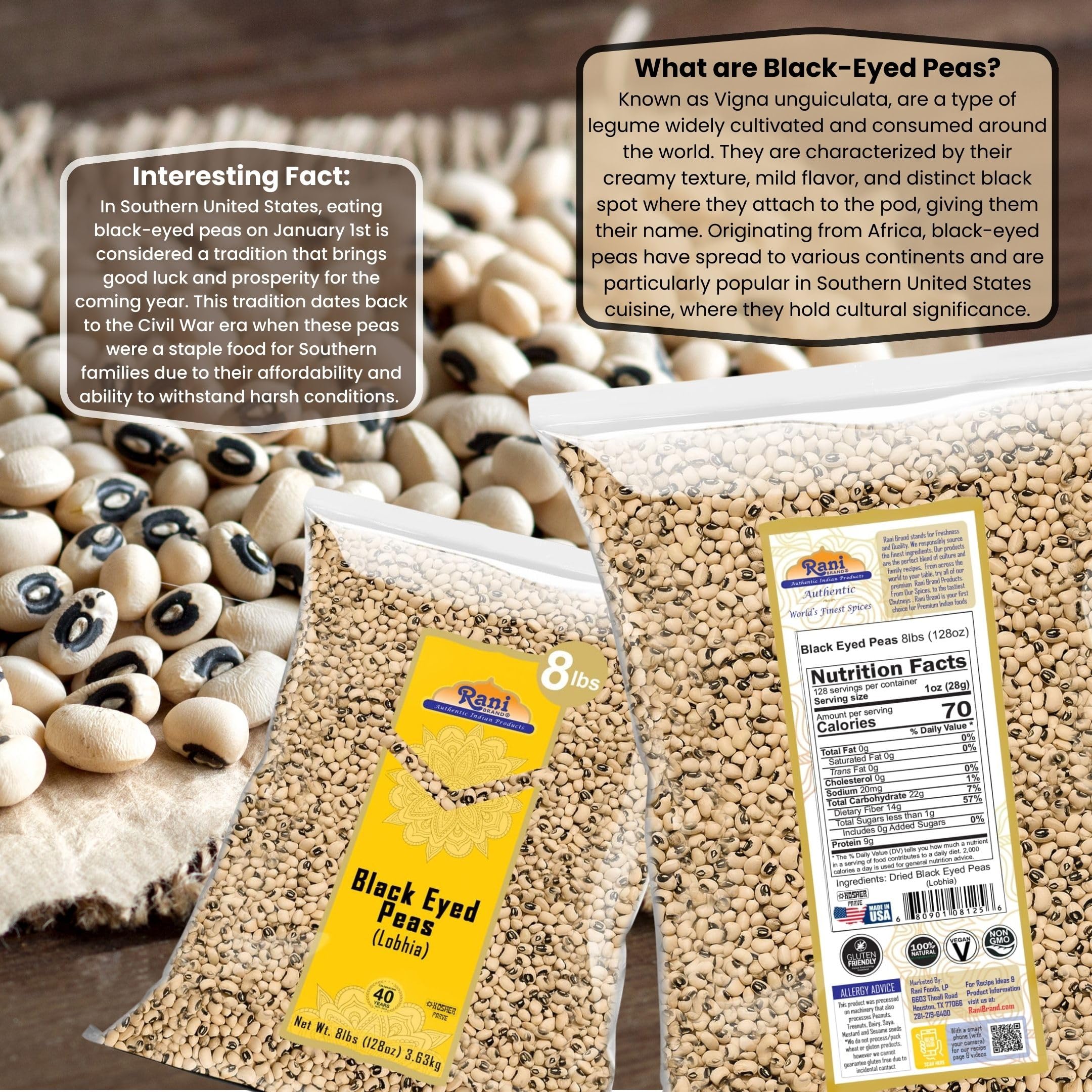 Rani Black Eyed Peas, Dried (Lobhia) 128oz (8lbs) 3.63kg Bulk ~ All Natural | Vegan | Kosher | Gluten Friendly | Product of USA - Image 3