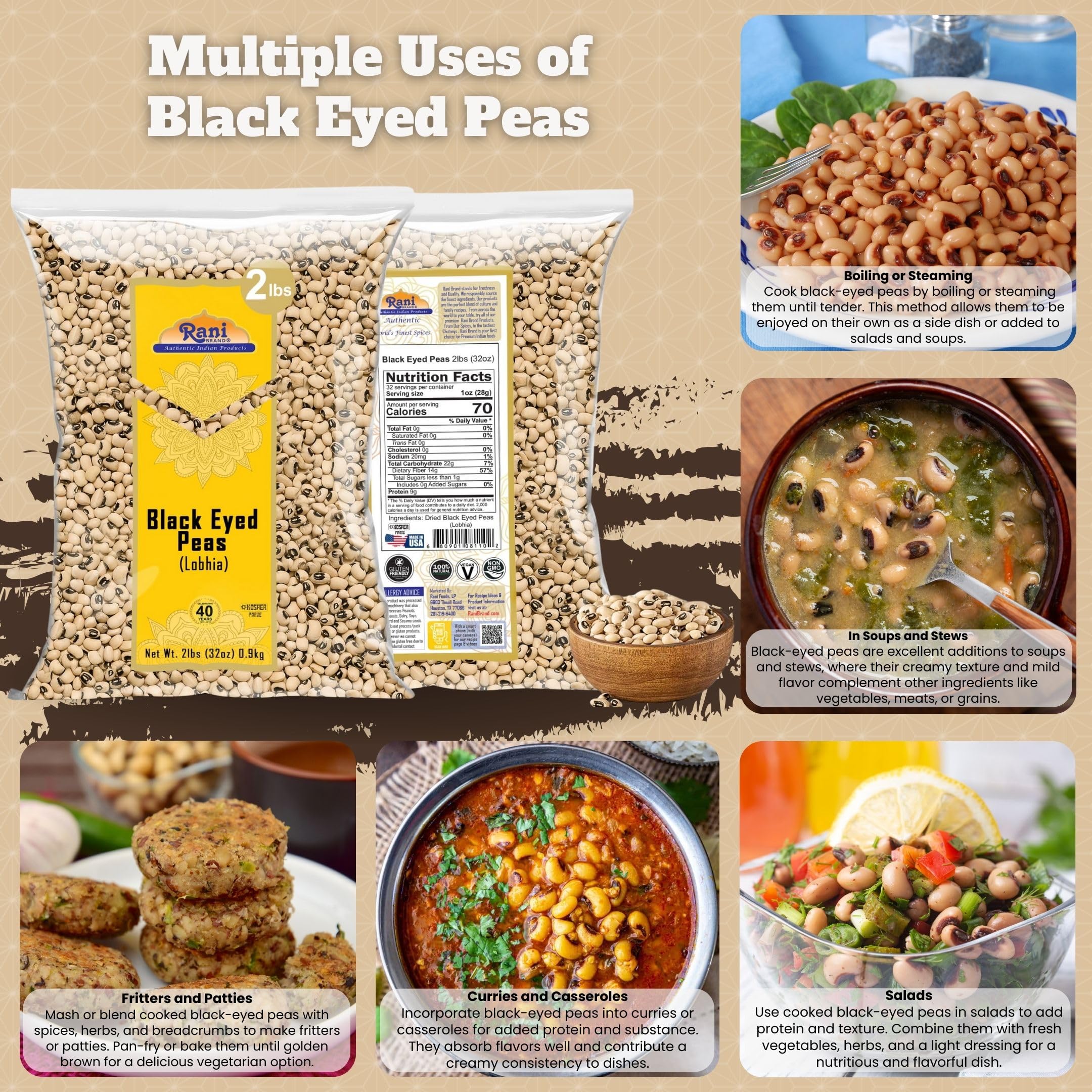 Rani Black Eyed Peas, Dried (Lobhia) 32oz (2lbs) 907g ~ All Natural | Vegan | Kosher | Gluten Friendly | Product of USA - Image 2