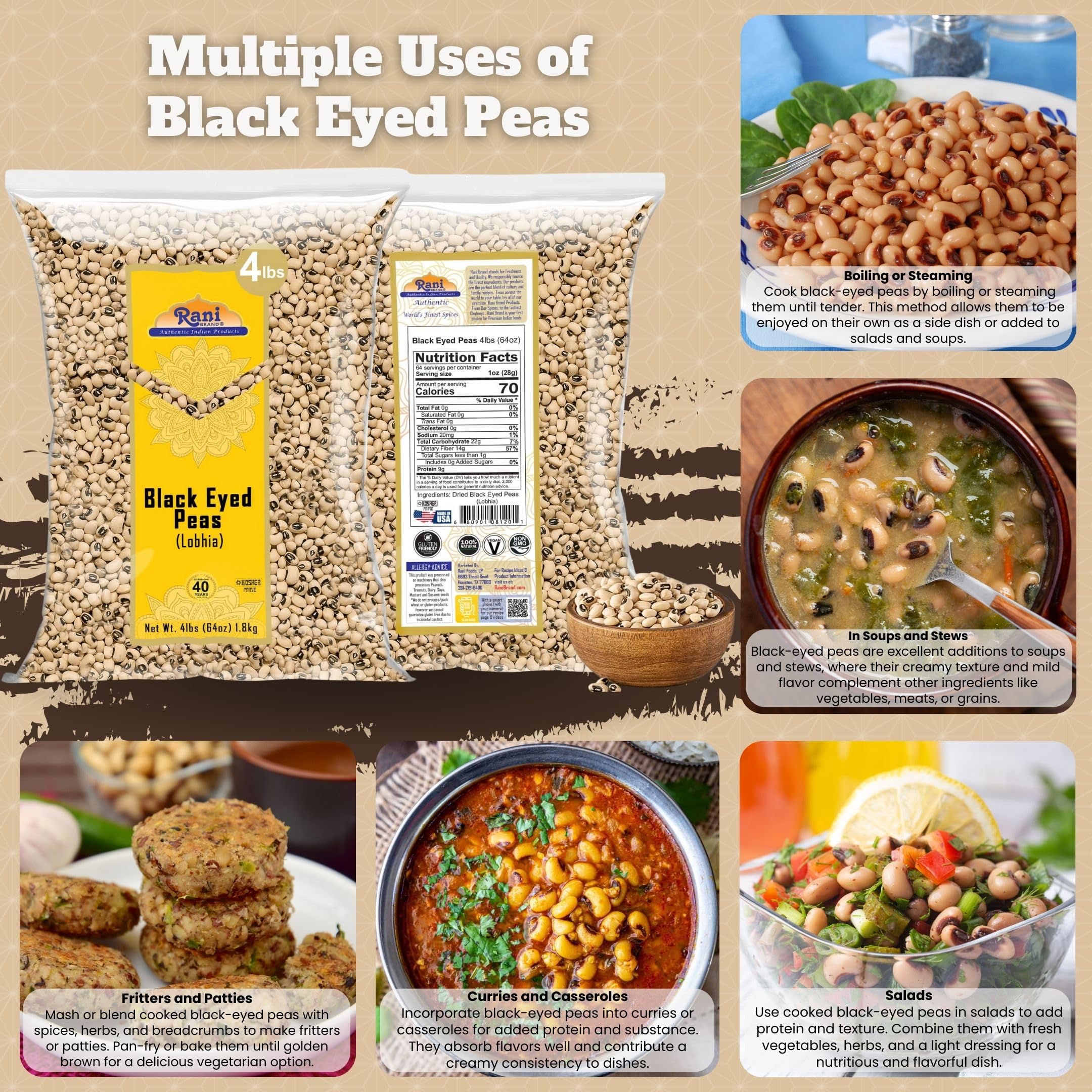 Rani Black Eyed Peas, Dried (Lobhia) 64oz (4lbs) 1.81kg ~ All Natural | Vegan | Kosher | Gluten Friendly | Product of USA - Image 2