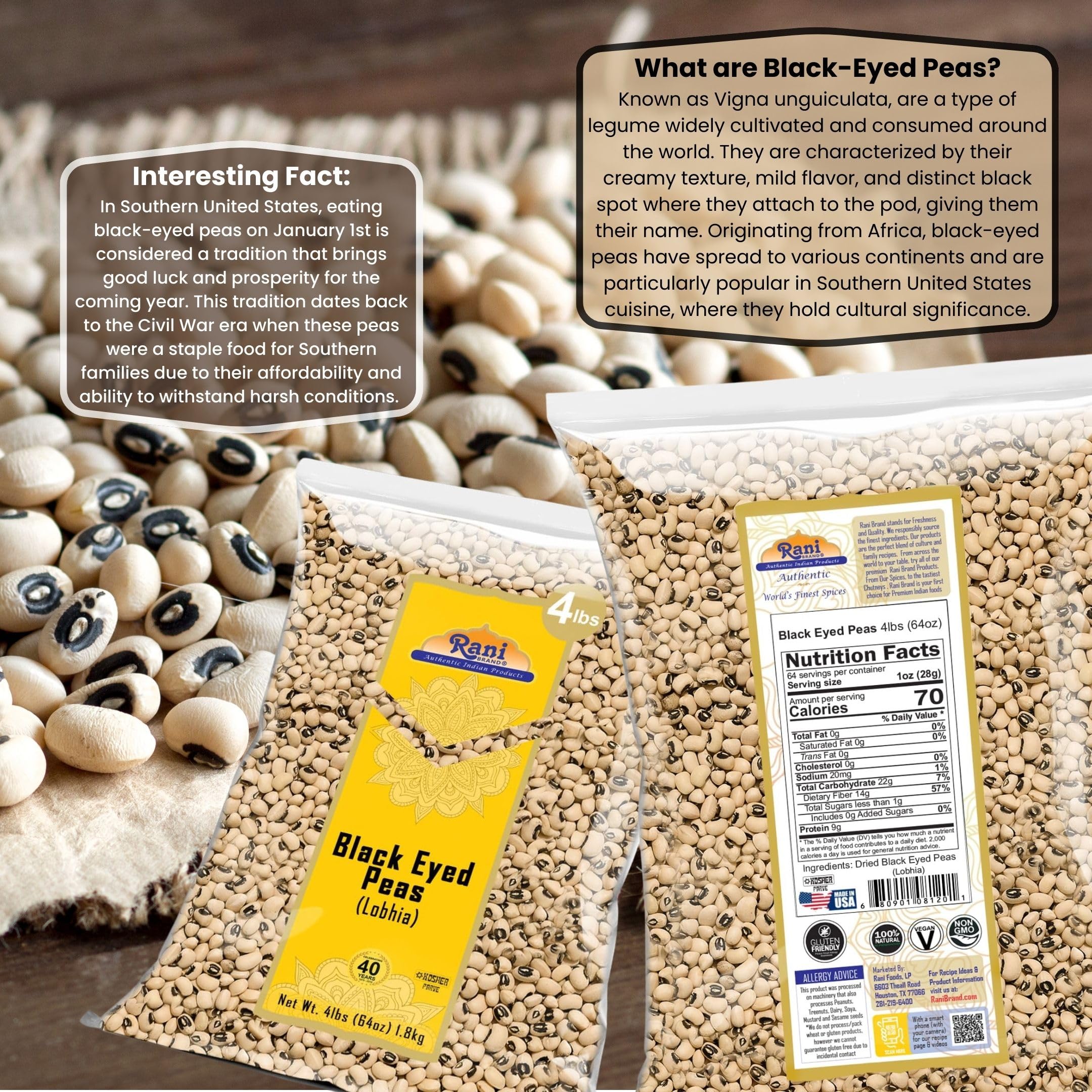 Rani Black Eyed Peas, Dried (Lobhia) 64oz (4lbs) 1.81kg ~ All Natural | Vegan | Kosher | Gluten Friendly | Product of USA - Image 3