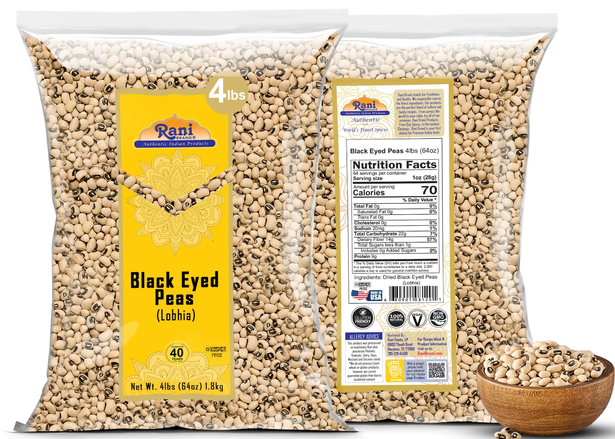 Rani Black Eyed Peas, Dried (Lobhia) 64oz (4lbs) 1.81kg ~ All Natural | Vegan | Kosher | Gluten Friendly | Product of USA - Image 6