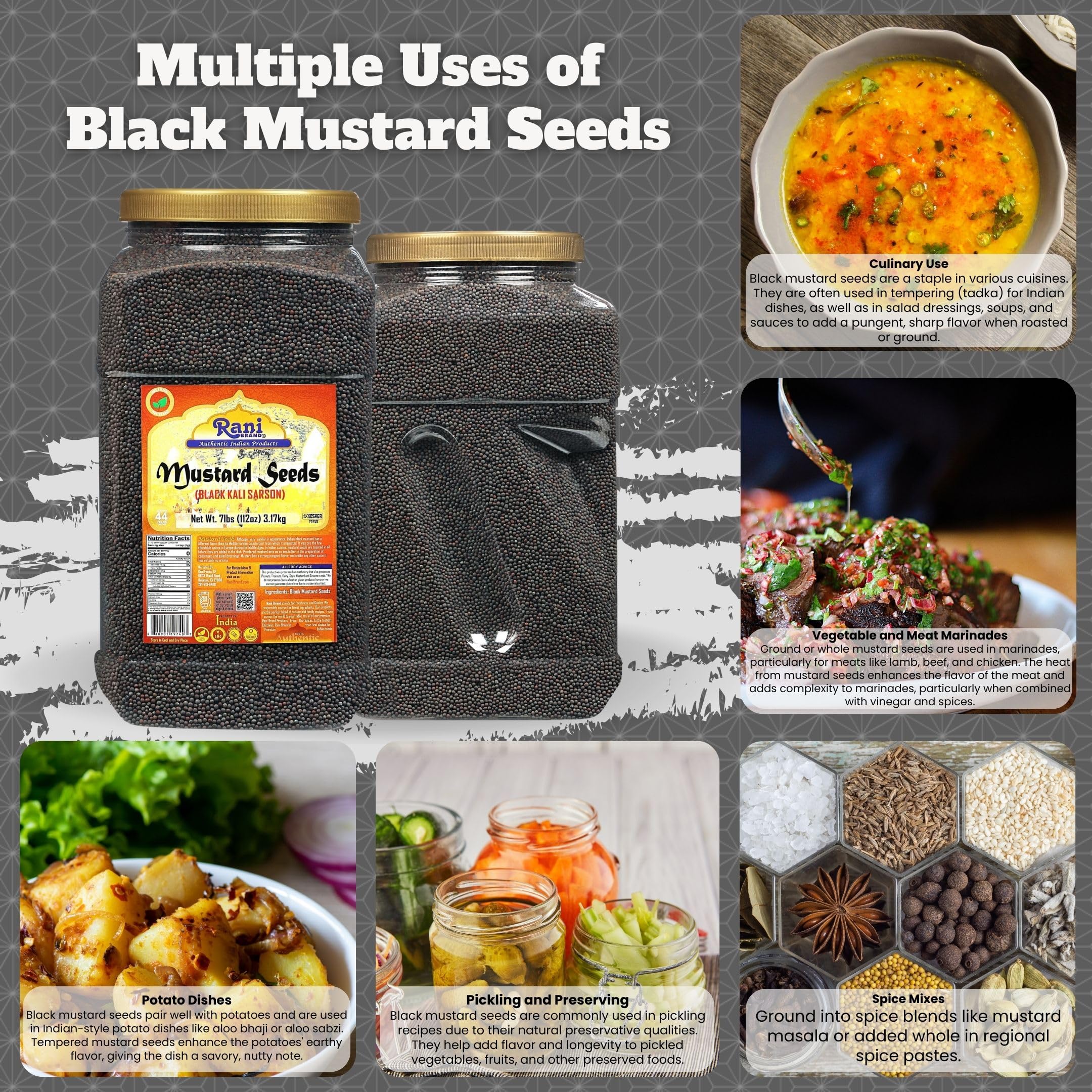 Rani Black Mustard Seeds Whole Spice (Kali Rai) 112oz (7lbs) 3.18kg Bulk PET Jar ~ All Natural | Gluten Friendly | NON-GMO | Vegan | Kosher | Indian Origin - Image 2
