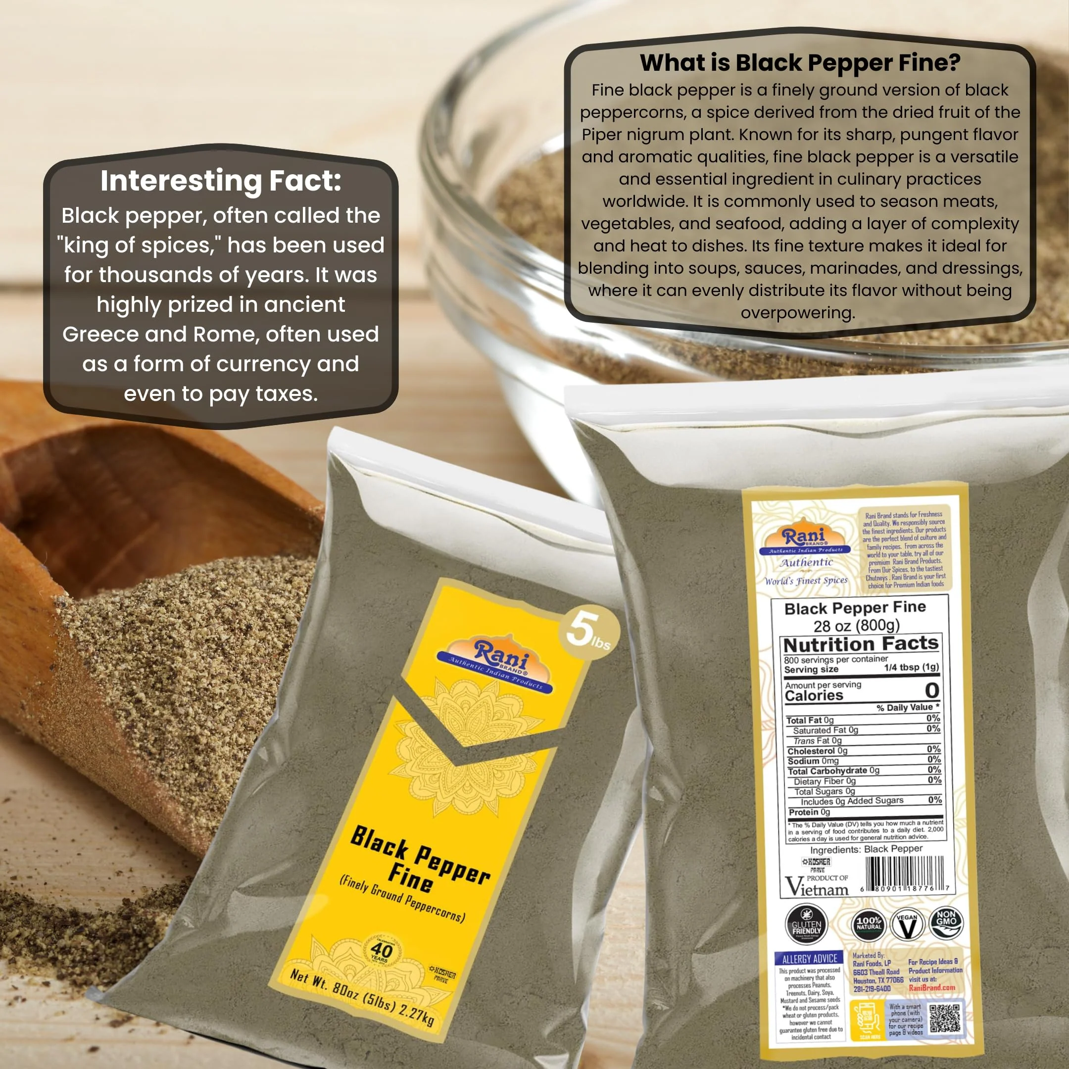 Rani Black Pepper Fine Powder 80 Mesh, 80oz (5lbs) 2.27kg Bulk ~ Gluten Friendly | Non-GMO | Kosher | All Natural - Image 3