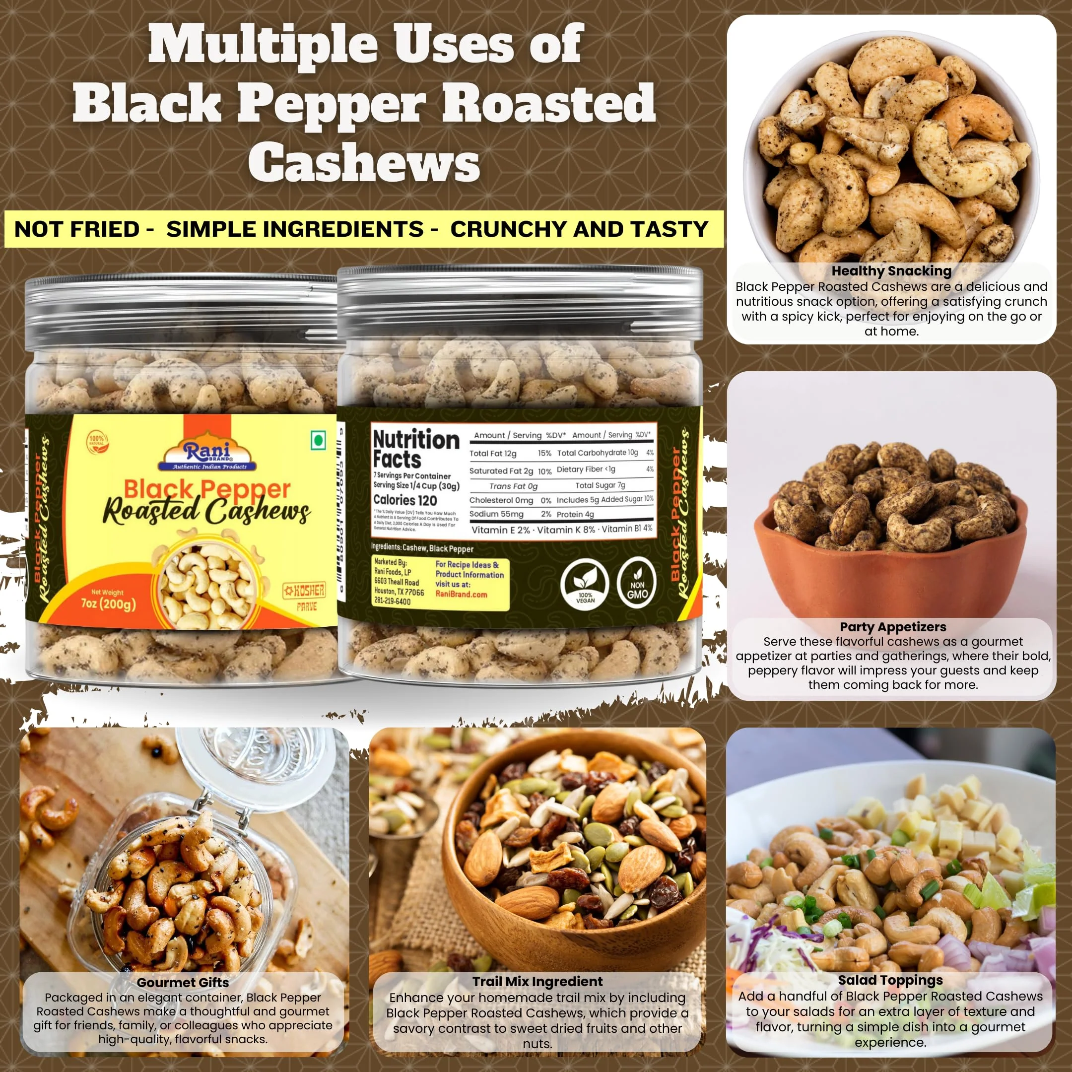 Rani Black Pepper Roasted Cashews 7oz (200g) PET Jar, Non-Fried, Oil Free ~ All Natural | Vegan | Gluten Friendly | NON-GMO | Kosher | Air Roasted, Crunchy & Flavorful - Image 2