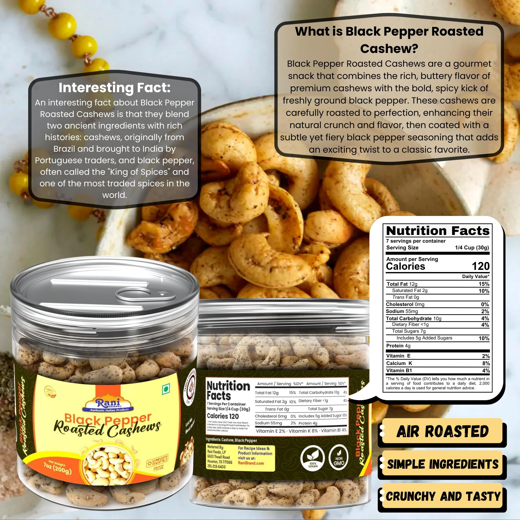 Rani Black Pepper Roasted Cashews 7oz (200g) PET Jar, Non-Fried, Oil Free ~ All Natural | Vegan | Gluten Friendly | NON-GMO | Kosher | Air Roasted, Crunchy & Flavorful - Image 3