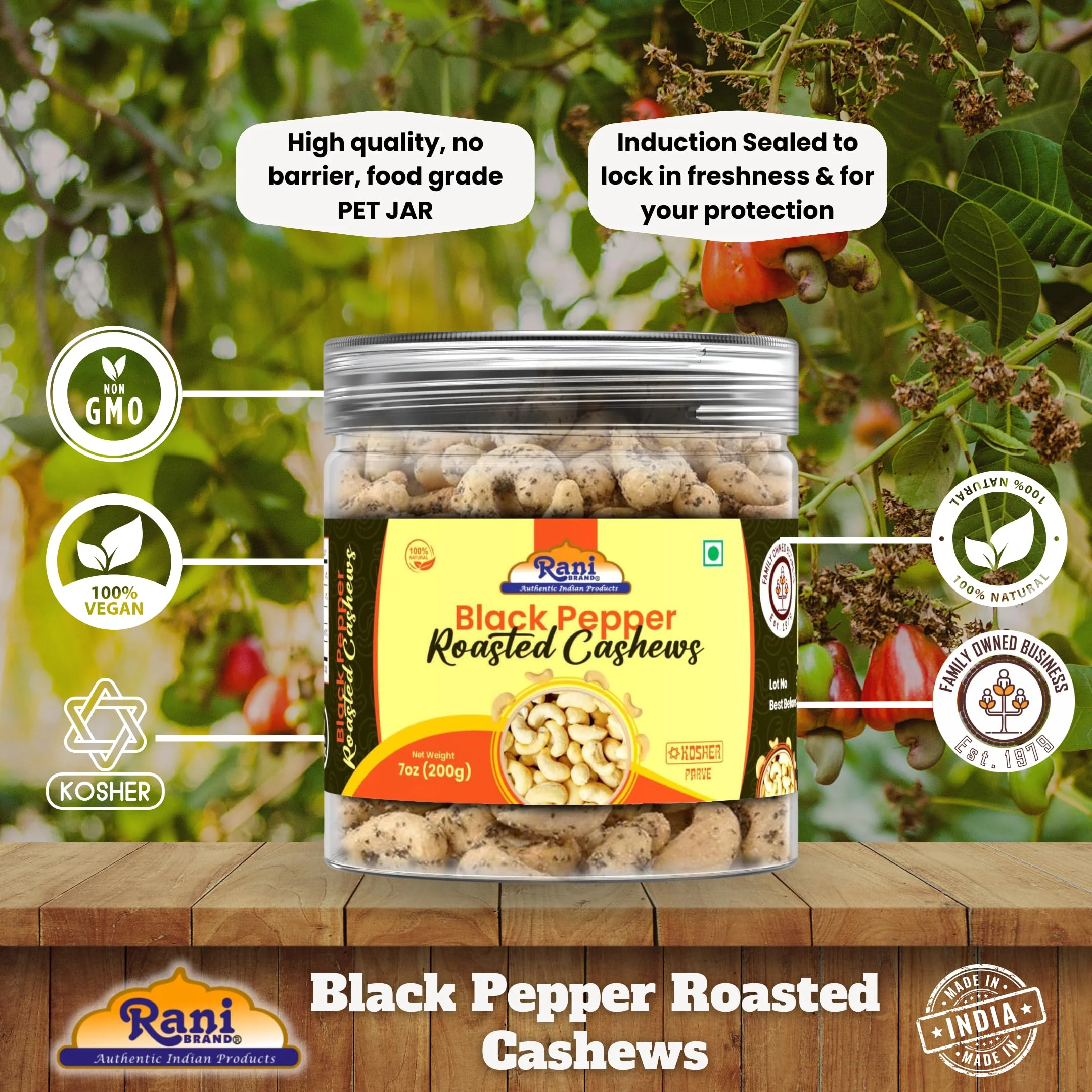 Rani Black Pepper Roasted Cashews 7oz (200g) PET Jar, Non-Fried, Oil Free ~ All Natural | Vegan | Gluten Friendly | NON-GMO | Kosher | Air Roasted, Crunchy & Flavorful - Image 4