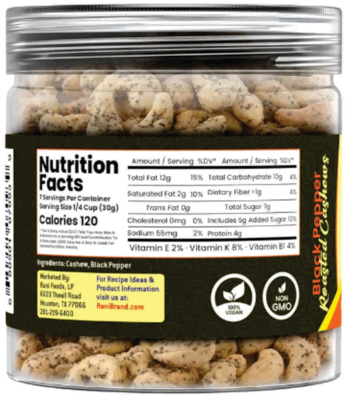Rani Black Pepper Roasted Cashews 7oz (200g) PET Jar, Non-Fried, Oil Free ~ All Natural | Vegan | Gluten Friendly | NON-GMO | Kosher | Air Roasted, Crunchy & Flavorful - Image 6